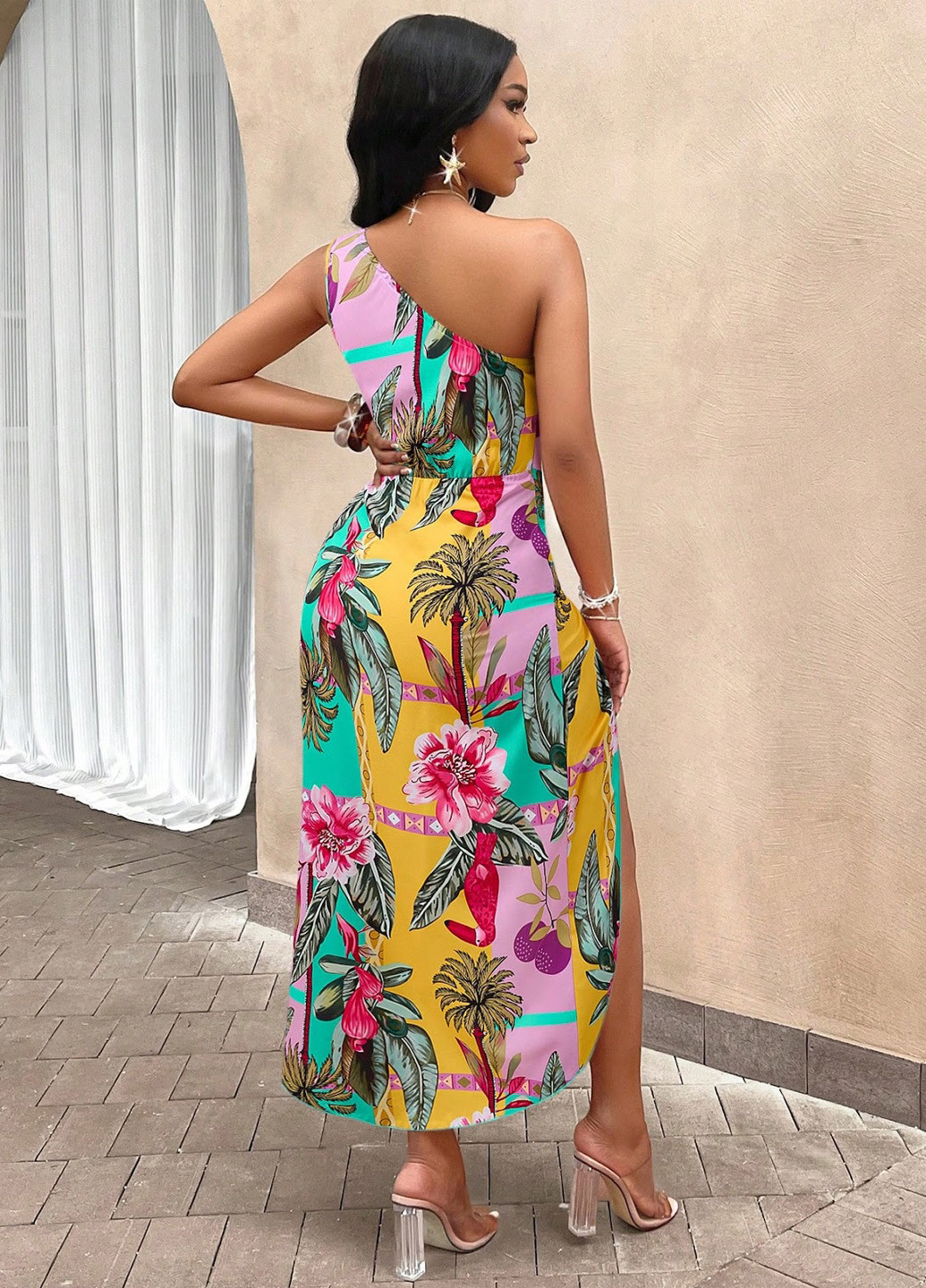 Комбинированное кэжуал платье на одно плечо, на запах SHEIN с цветочным принтом