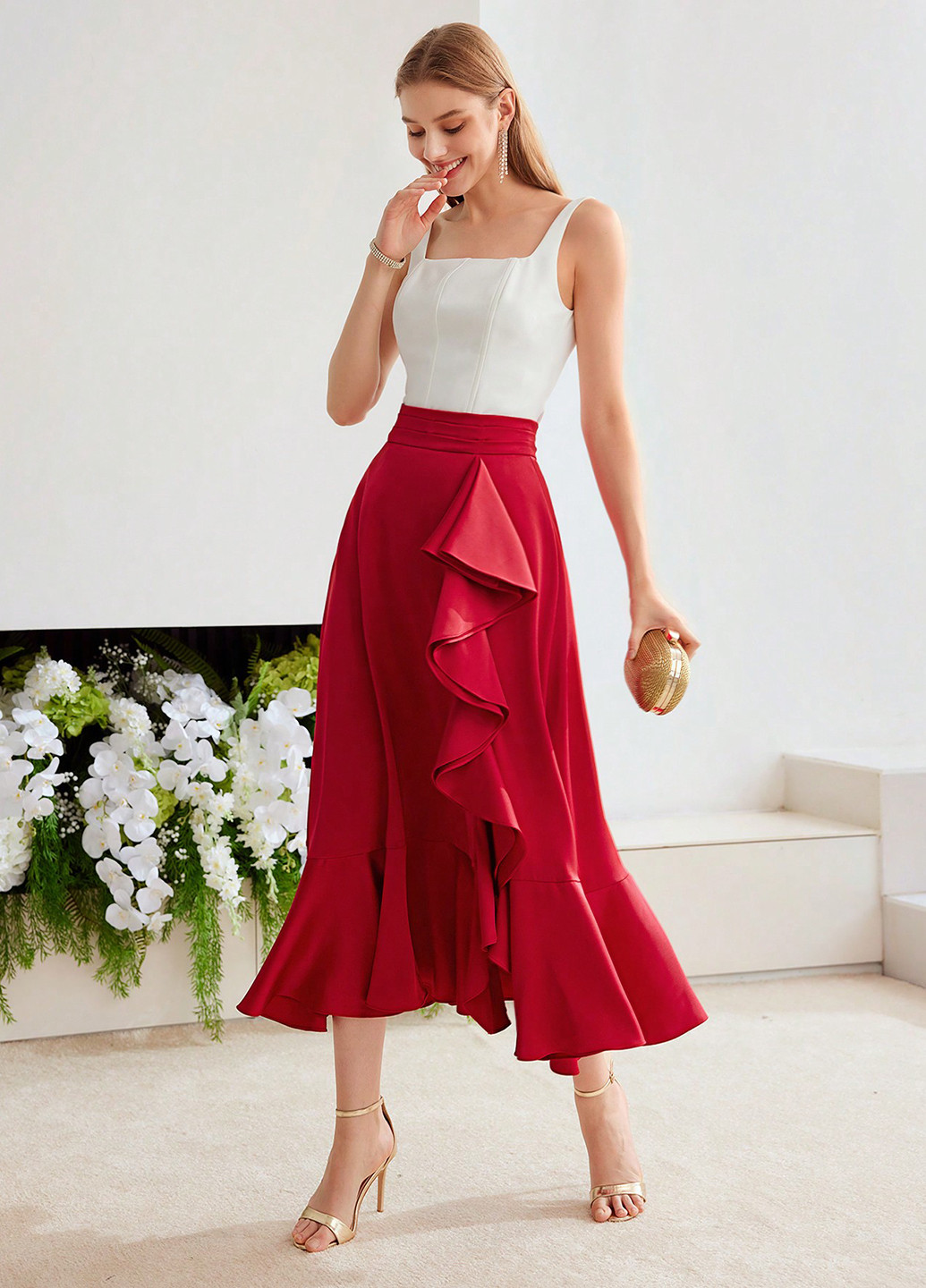 Красная кэжуал однотонная юбка SHEIN клешированная