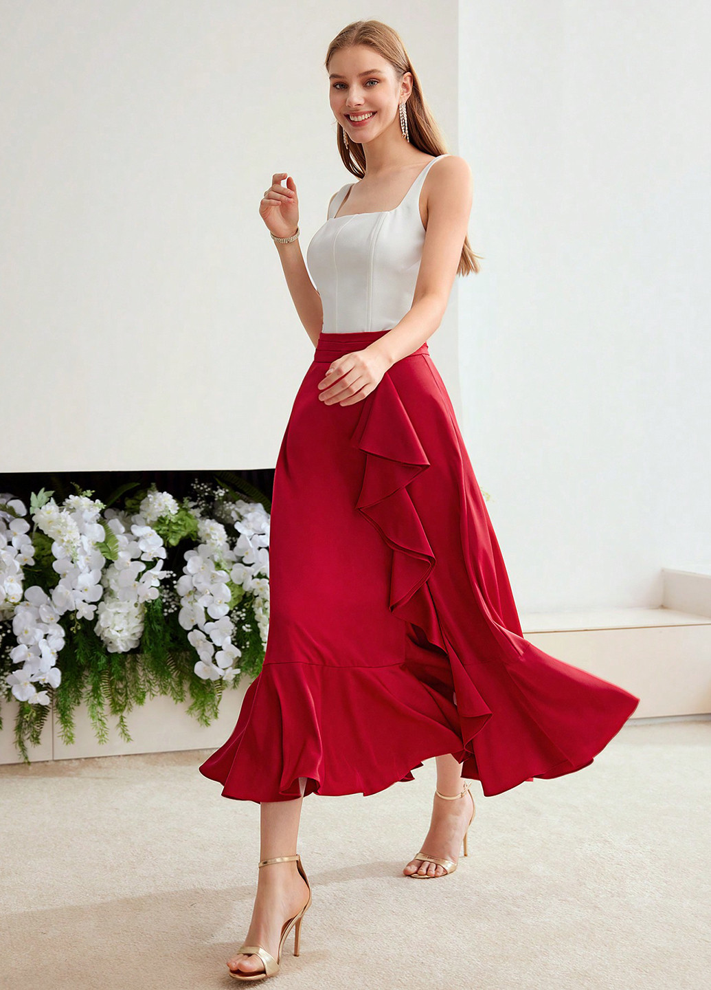 Красная кэжуал однотонная юбка SHEIN клешированная