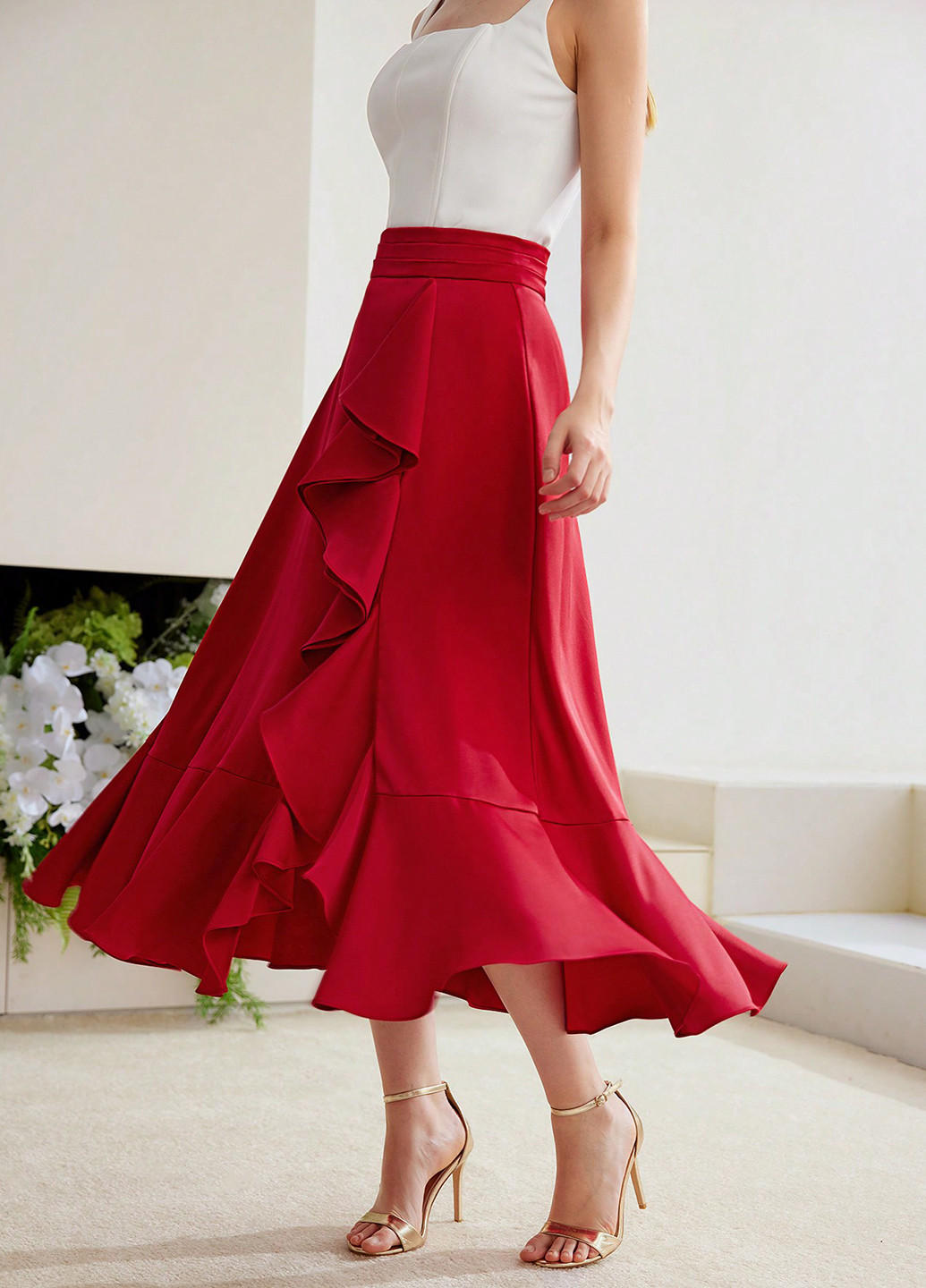 Красная кэжуал однотонная юбка SHEIN клешированная