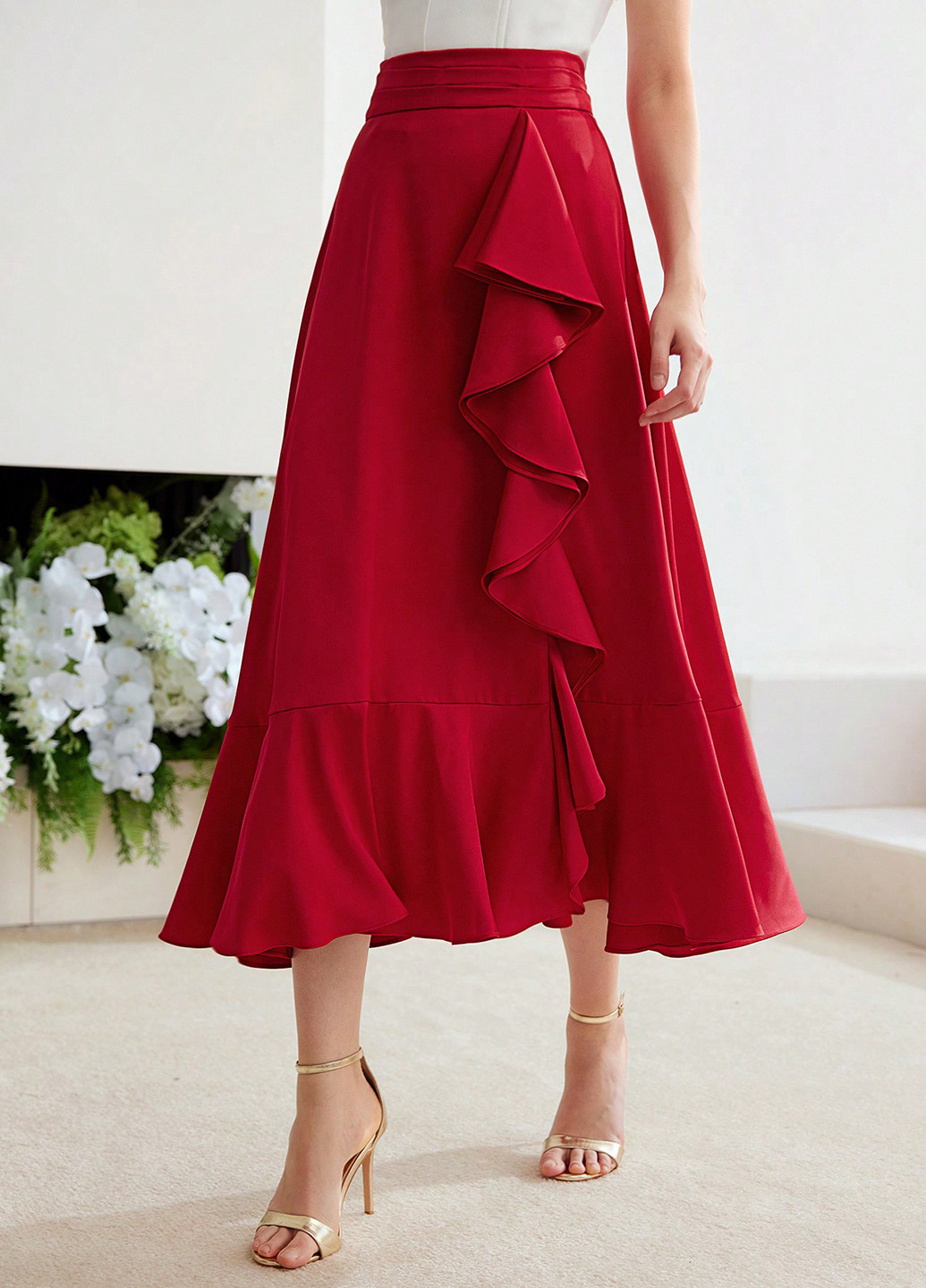 Красная кэжуал однотонная юбка SHEIN клешированная