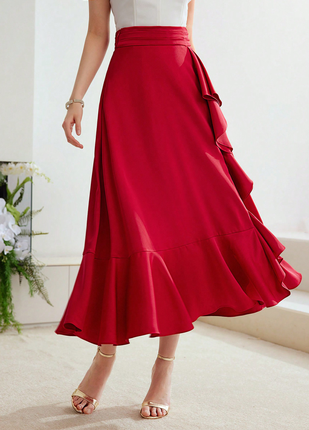 Красная кэжуал однотонная юбка SHEIN клешированная