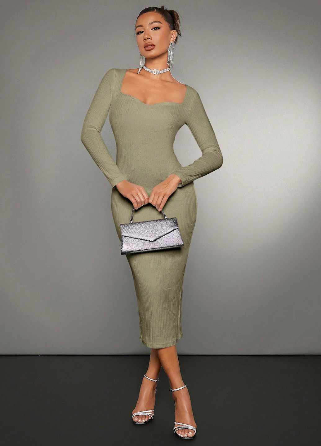 Оливковое кэжуал платье силуэтная SHEIN однотонное