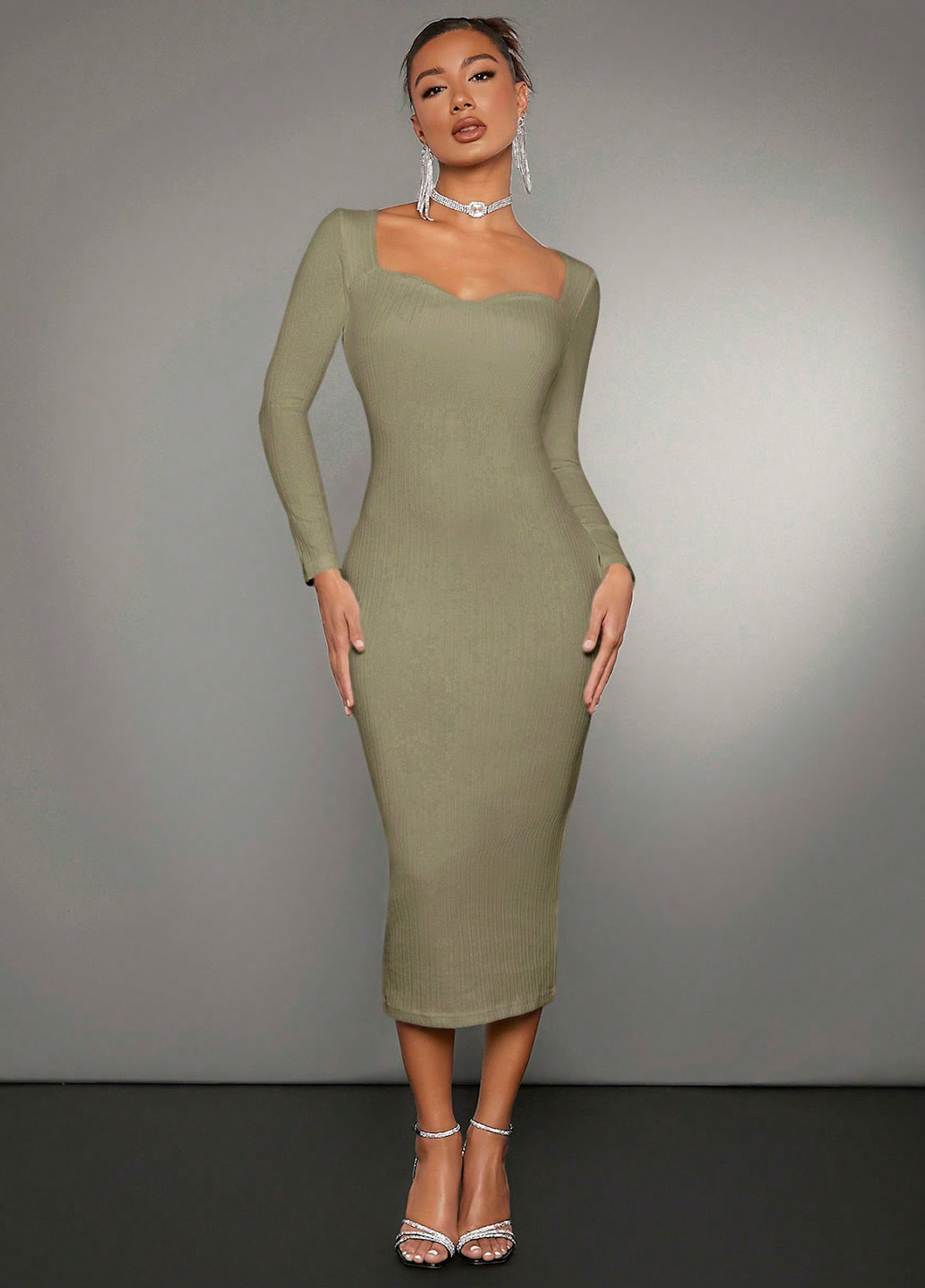Оливковое кэжуал платье силуэтная SHEIN однотонное