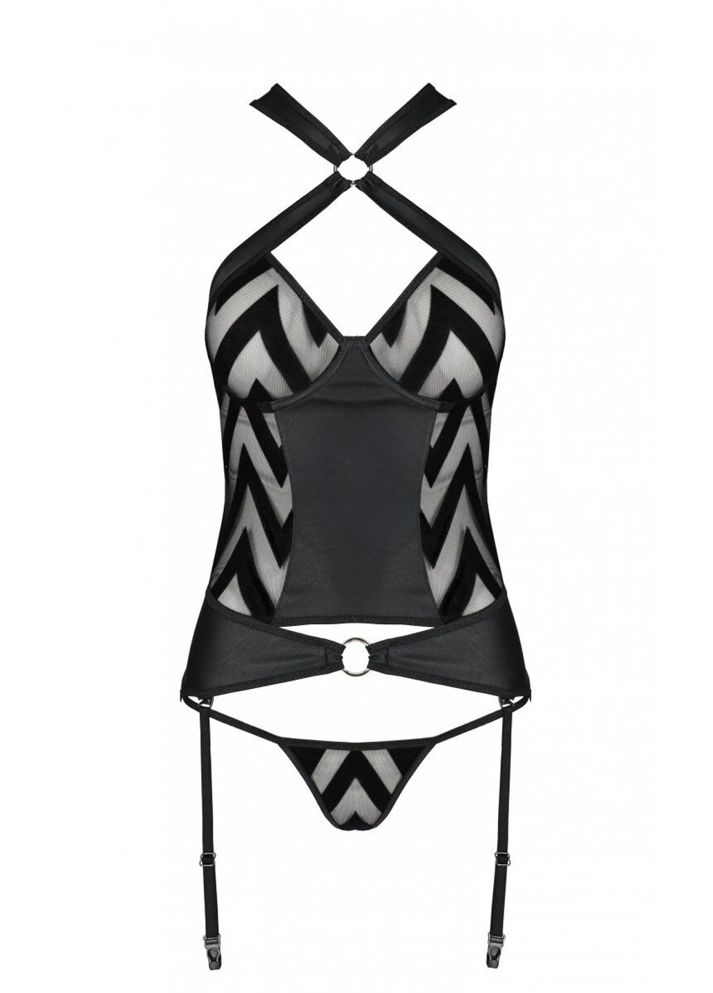 Сетчатый комплект с узором: корсет с халтером, подвязки, трусики Hima Corset black L/XL - Passion (255457845)