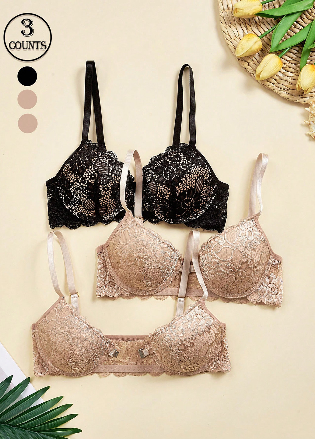 Комбинированный балконет бюстгальтер (3 шт.) SHEIN с косточками полиамид