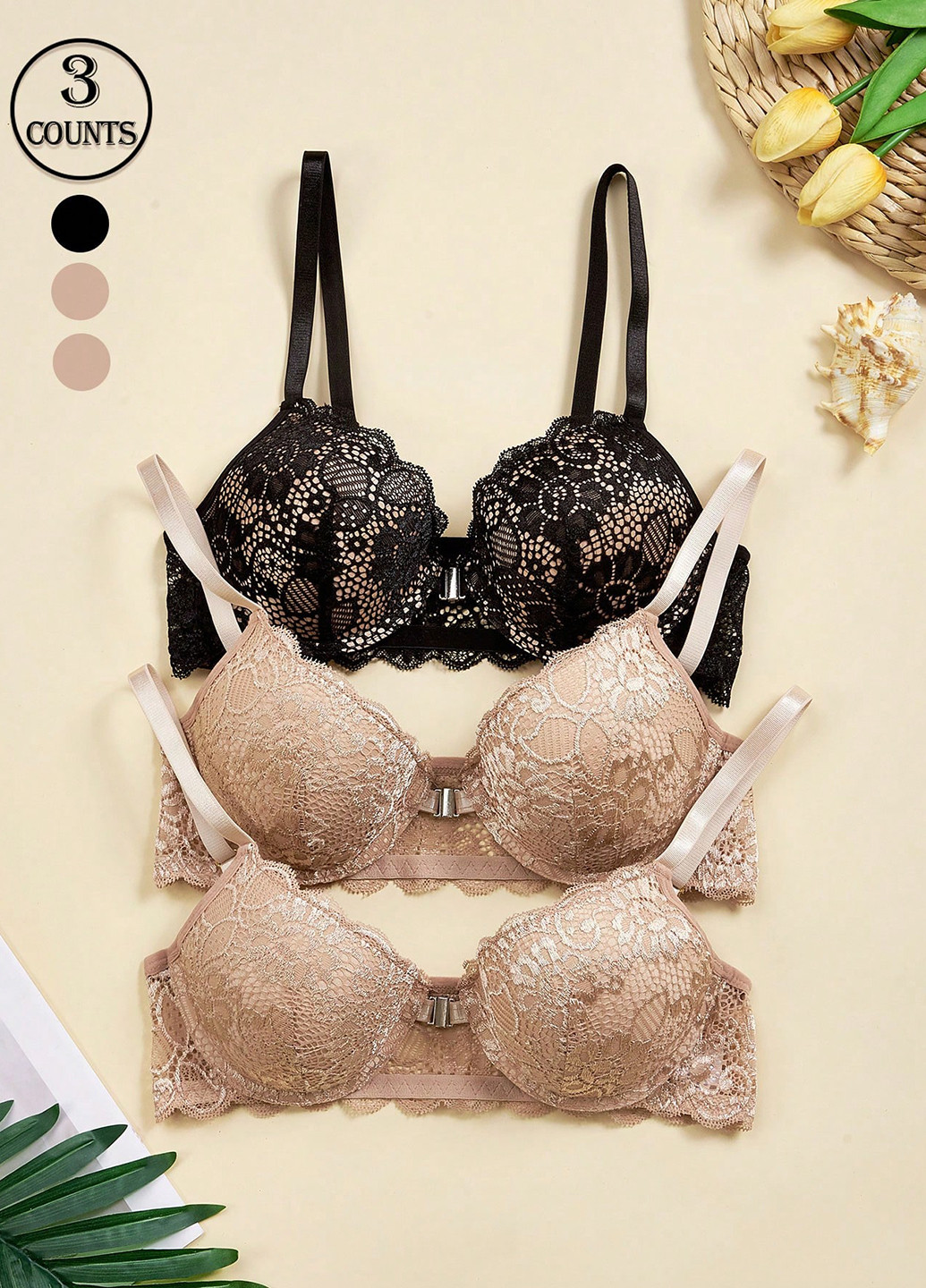Комбинированный балконет бюстгальтер (3 шт.) SHEIN с косточками полиамид