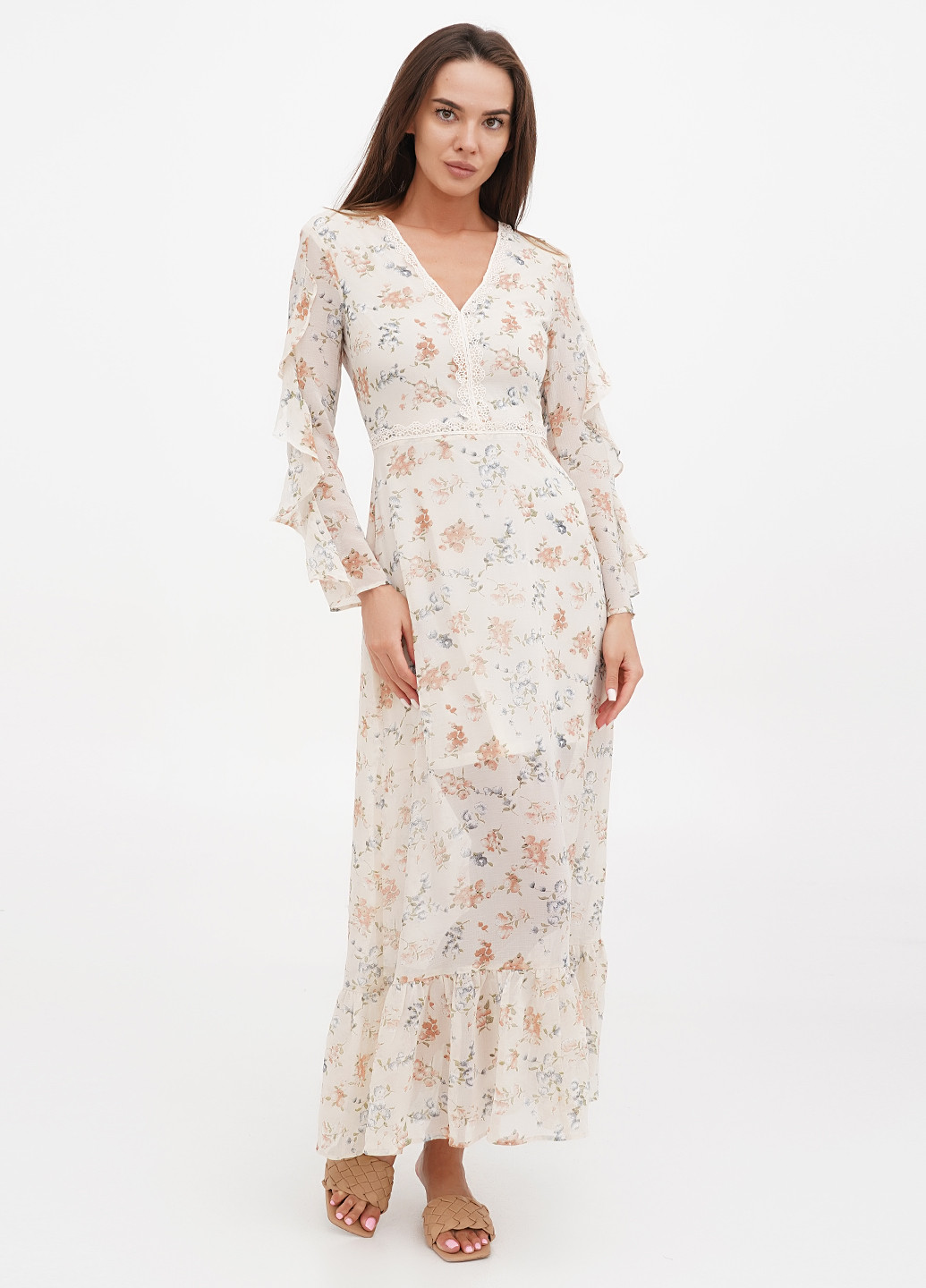 Светло-бежевое кэжуал платье клеш H&M с цветочным принтом