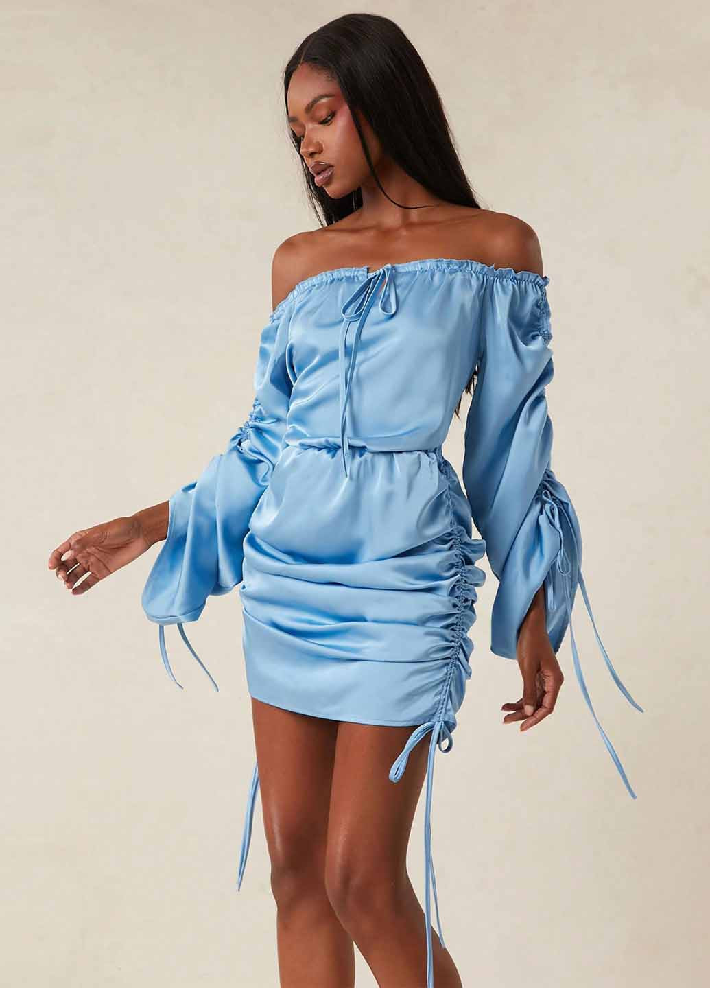 Голубое вечернее, кэжуал платье с открытыми плечами SHEIN однотонное