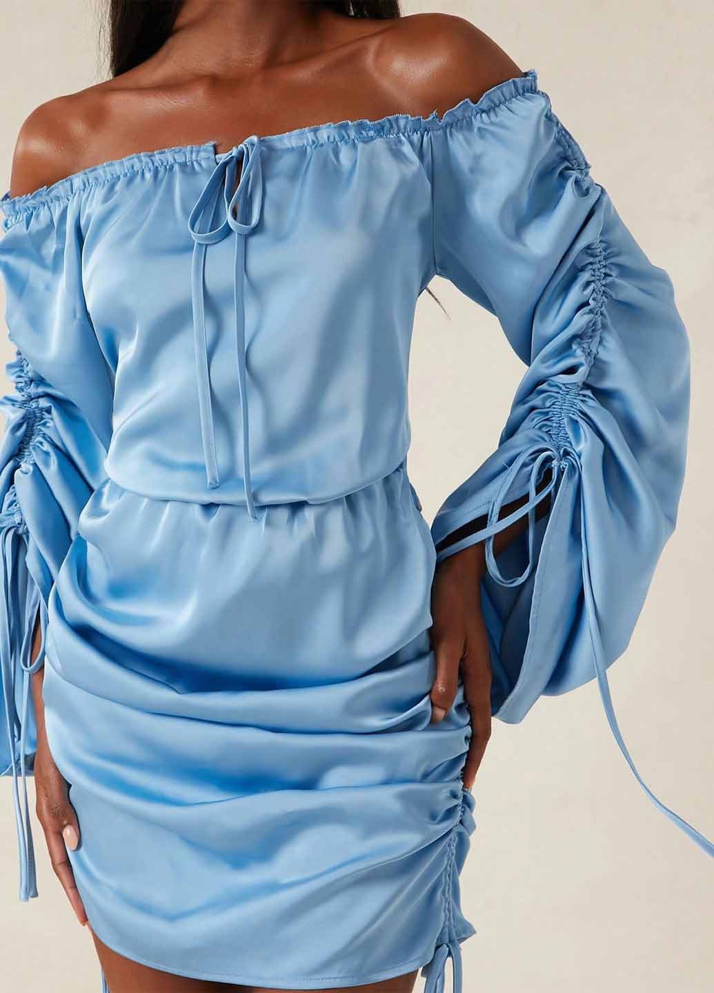 Голубое вечернее, кэжуал платье с открытыми плечами SHEIN однотонное