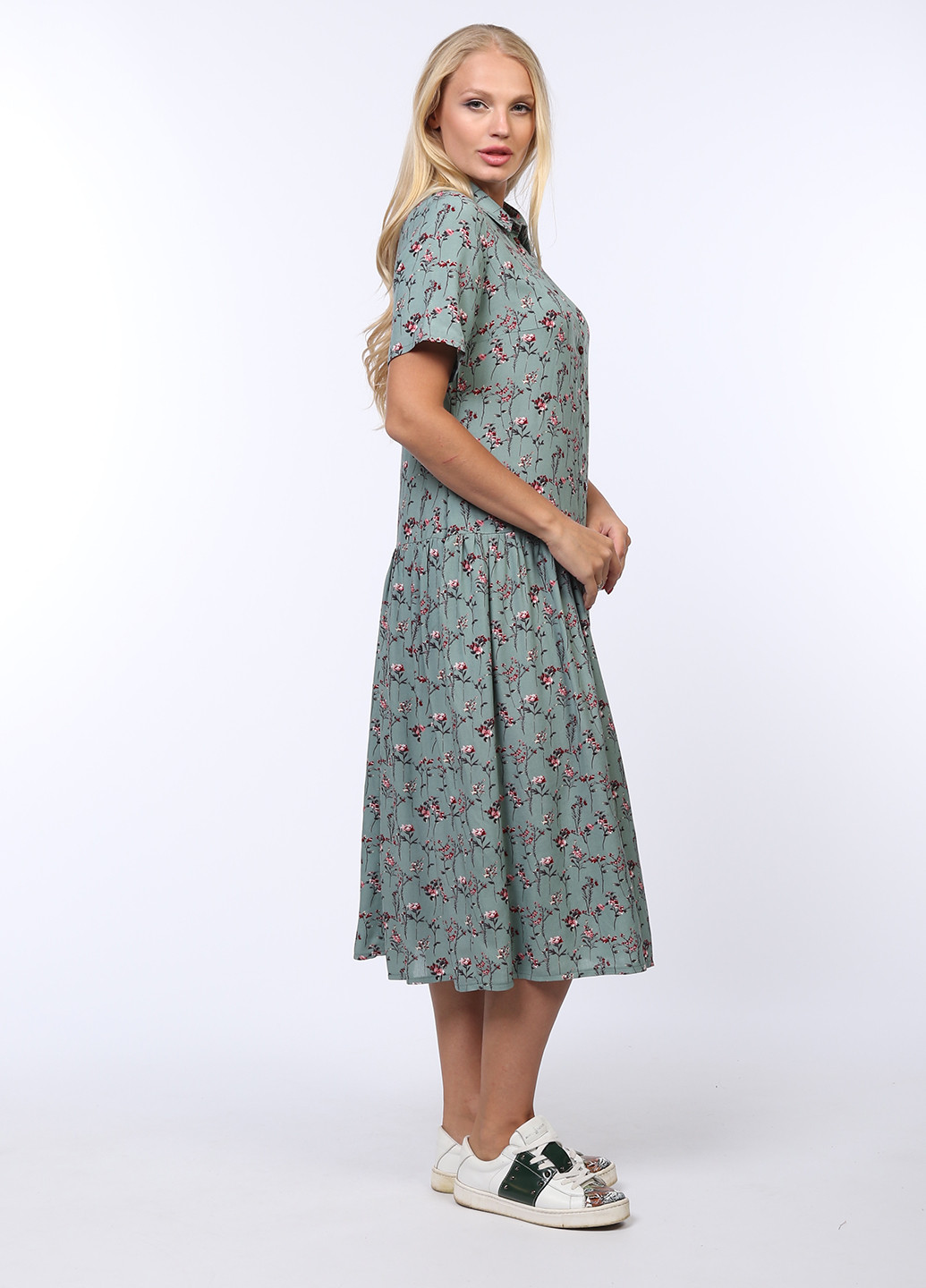 Оливковое кэжуал платье рубашка Алеся с цветочным принтом