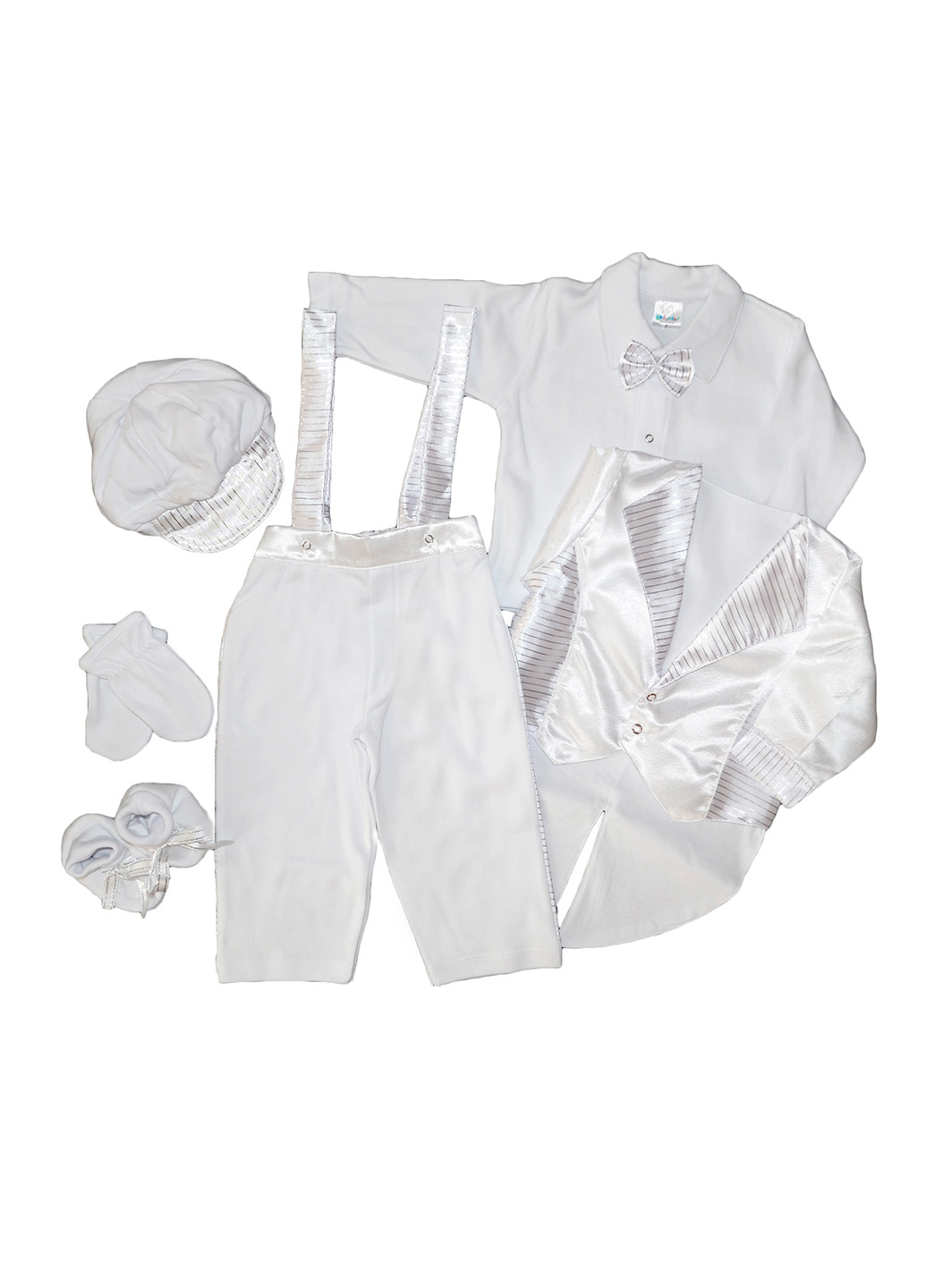Белый демисезонный комплект (пиджак, рубашка, брюки, берет, царапки, пинетки) Kardesler