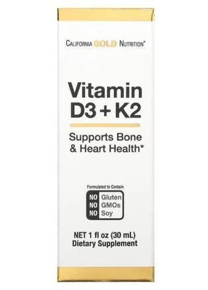 Вітаміни D3 і K2 Vitamin D3 + K2, 25 mcg 1,000IU 30 ml California Gold Nutrition (254325697)
