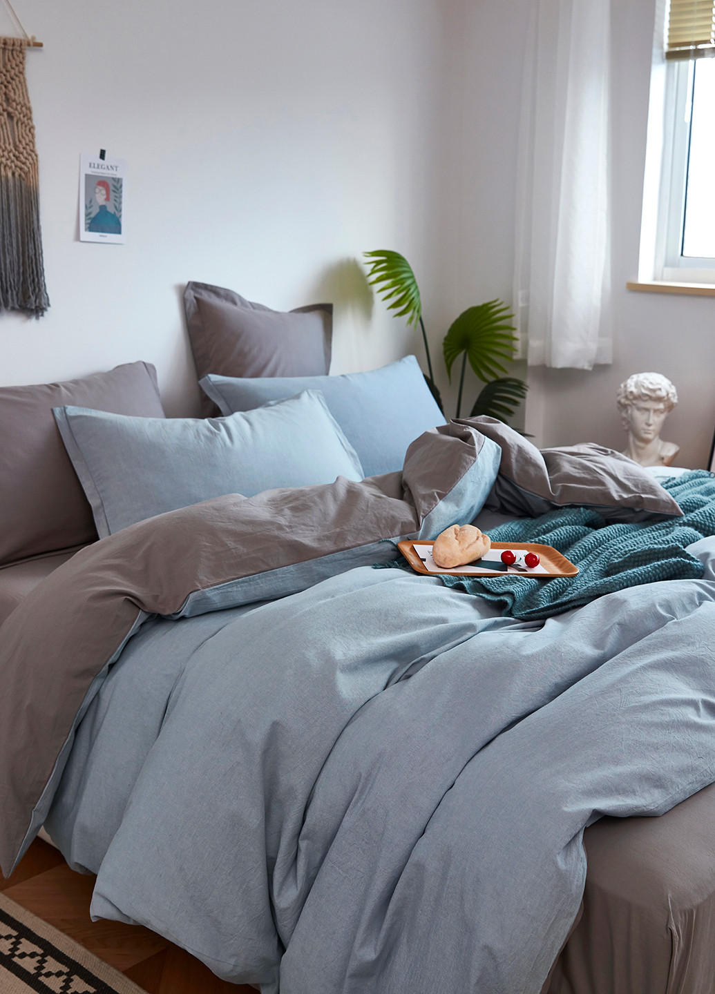 Комплект постельного белья вареный хлопок голубой/серый евро Love You (250498017)