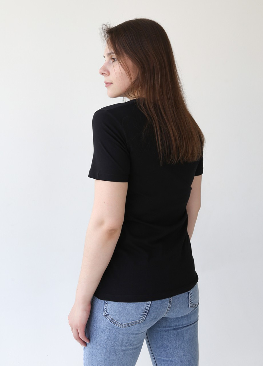 Черная всесезон футболка женская черная прямая тонкая с принтом Mixray Прямая
