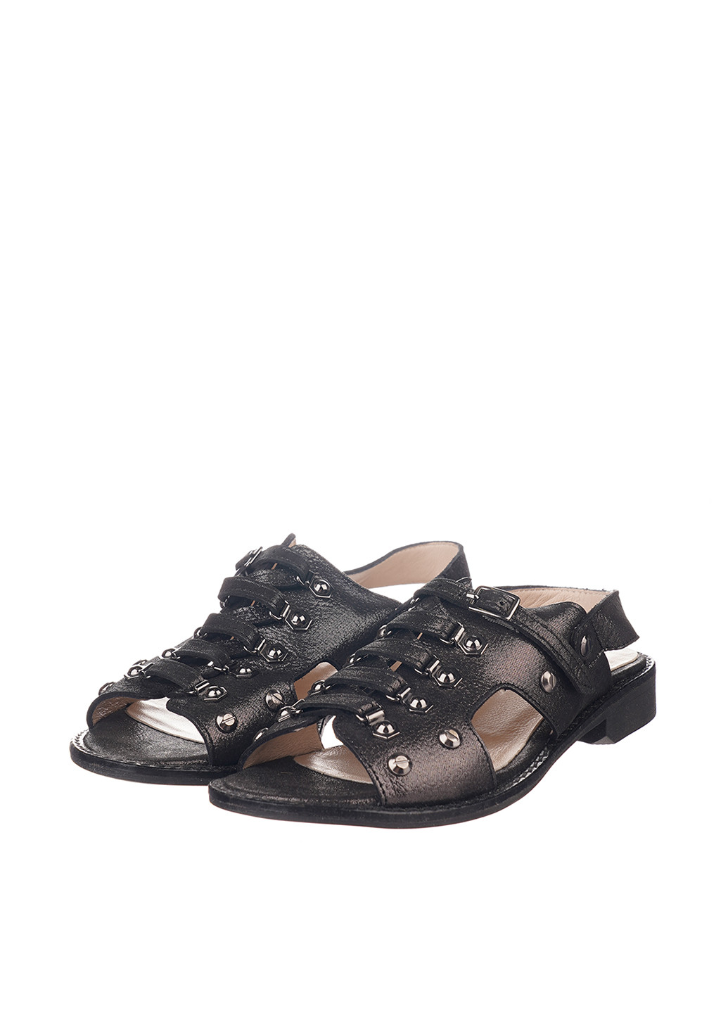 Серебряные босоножки Anna Lucci на резинке с пряжкой, плетение, с заклепками