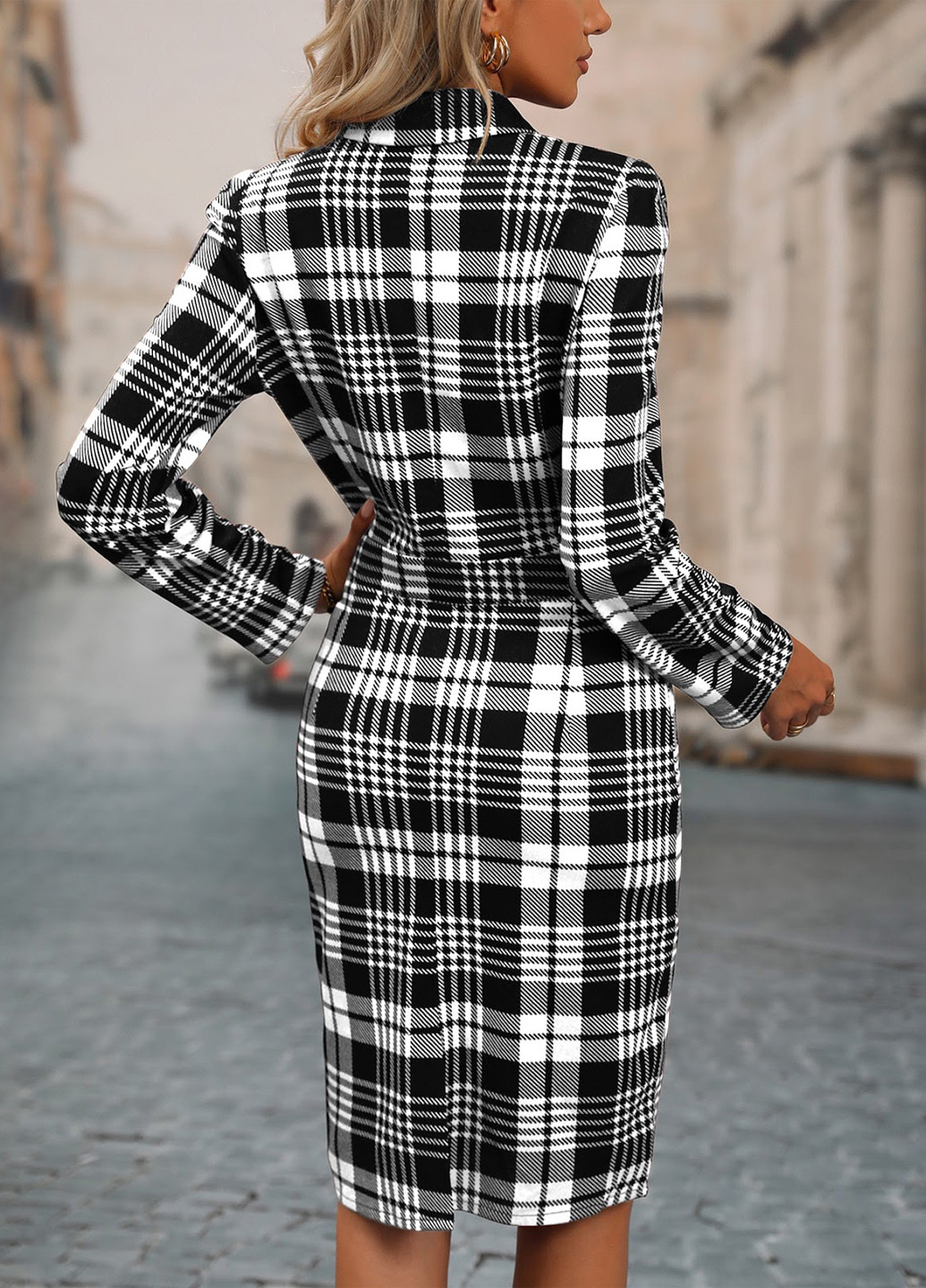 Черно-белое кэжуал, деловое платье платье-жакет SHEIN в клетку
