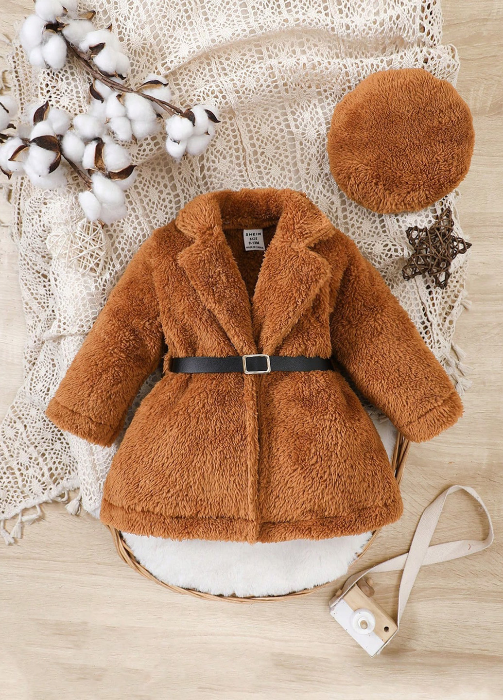 Коричневый демисезонный комплект (берет, шуба) SHEIN