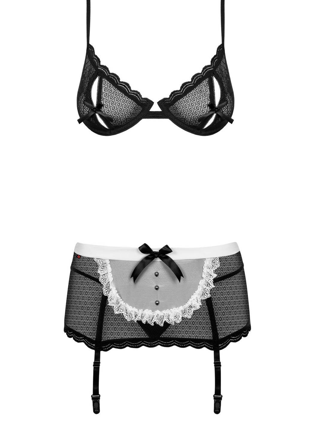 Білий демісезонний еротичний ігровий костюм (бюстгальтер, пояс з пажами для панчіх, панчохи, стрінги, обруч) Obsessive