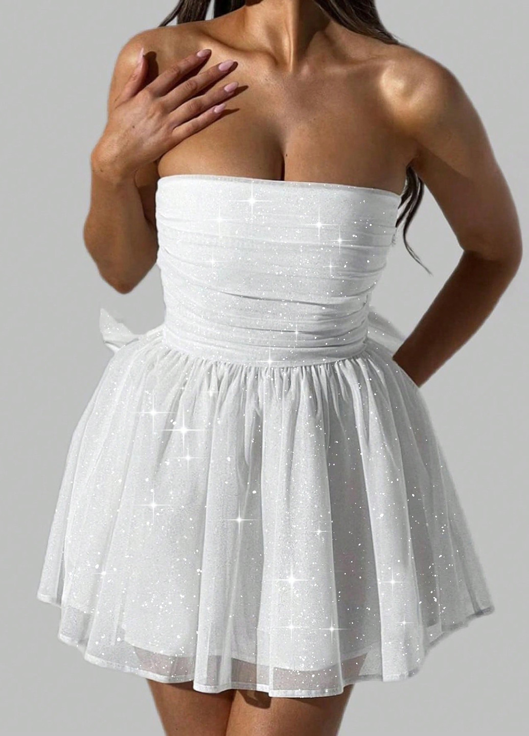 Белое праздничный, коктейльное, вечернее платье клеш, с открытыми плечами, с открытой спиной SHEIN однотонное