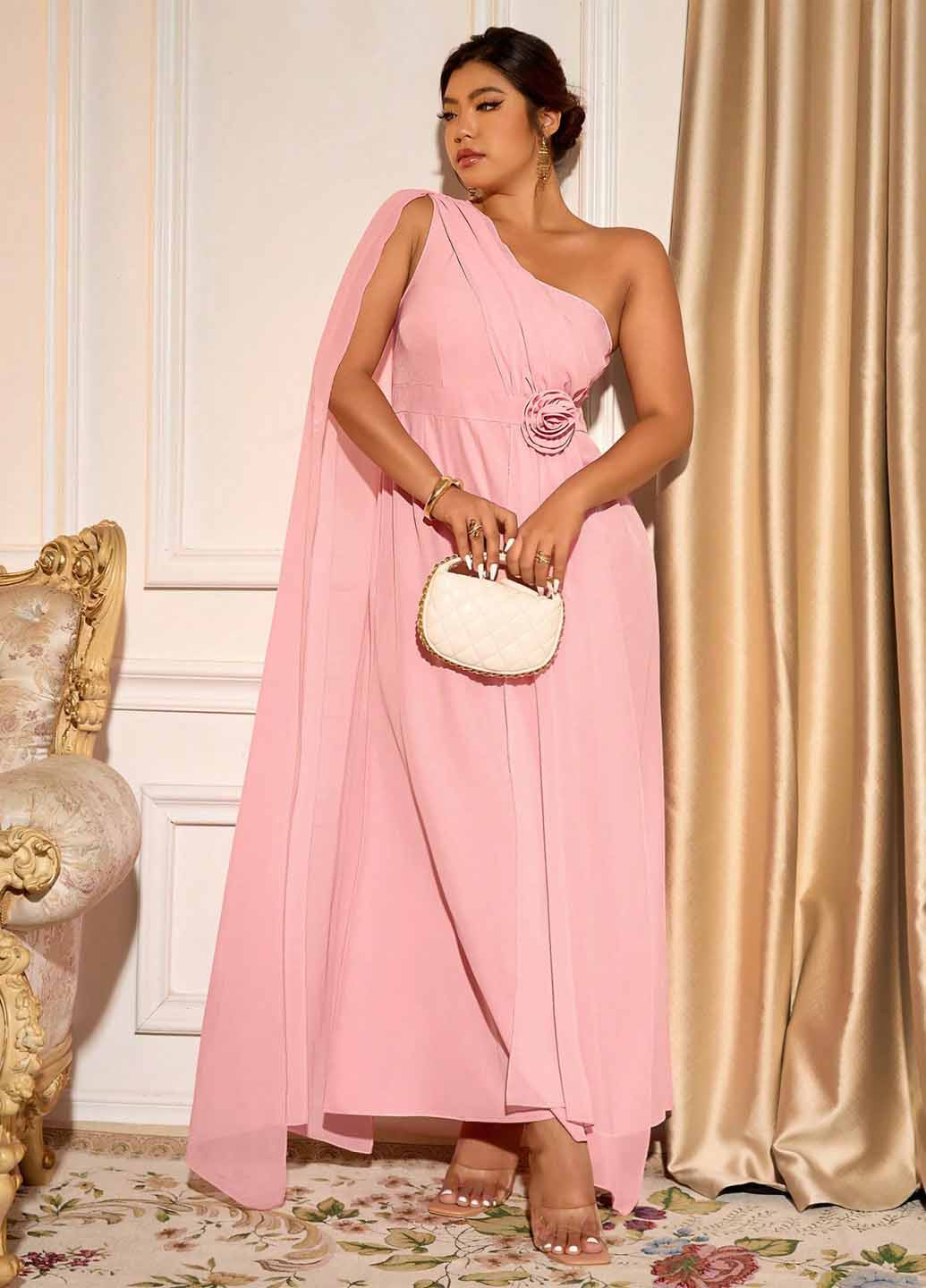 Светло-розовое праздничный, вечернее платье на одно плечо SHEIN однотонное