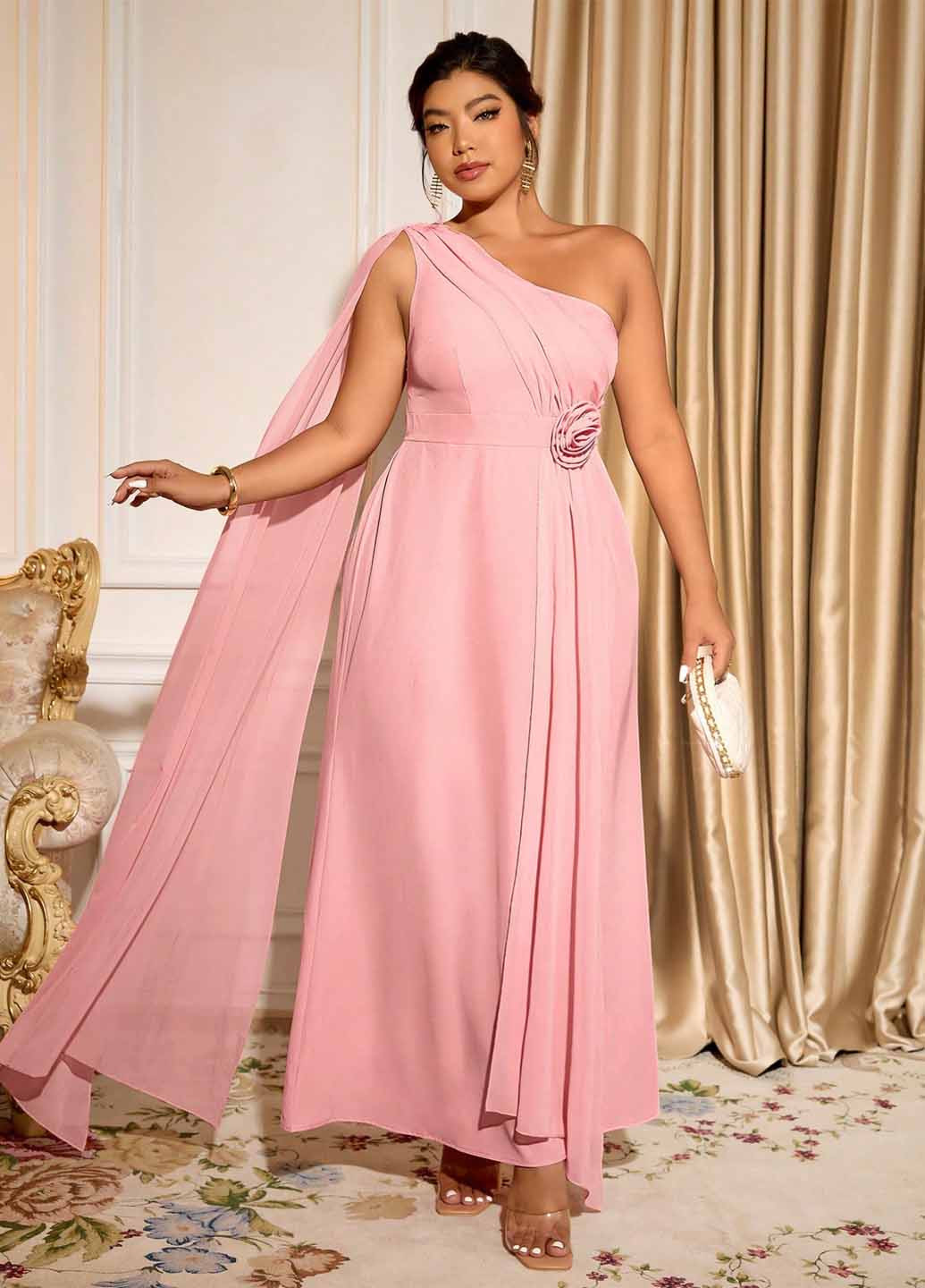 Светло-розовое праздничный, вечернее платье на одно плечо SHEIN однотонное