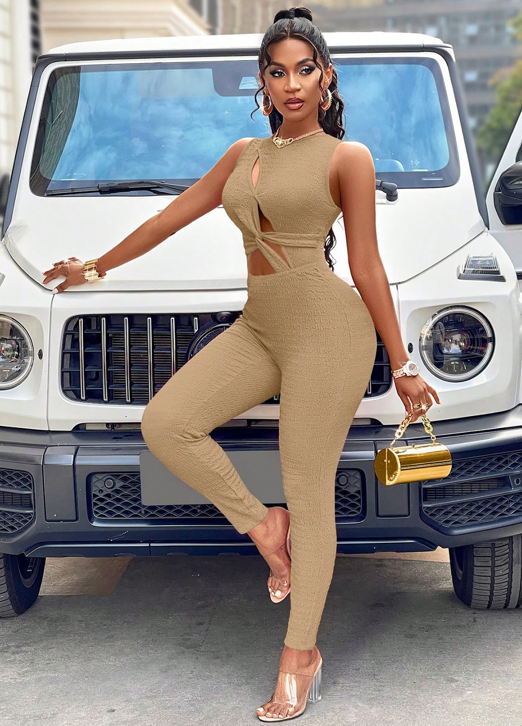 Комбинезон SHEIN комбинезон-брюки однотонный светло-бежевый кэжуал полиэстер