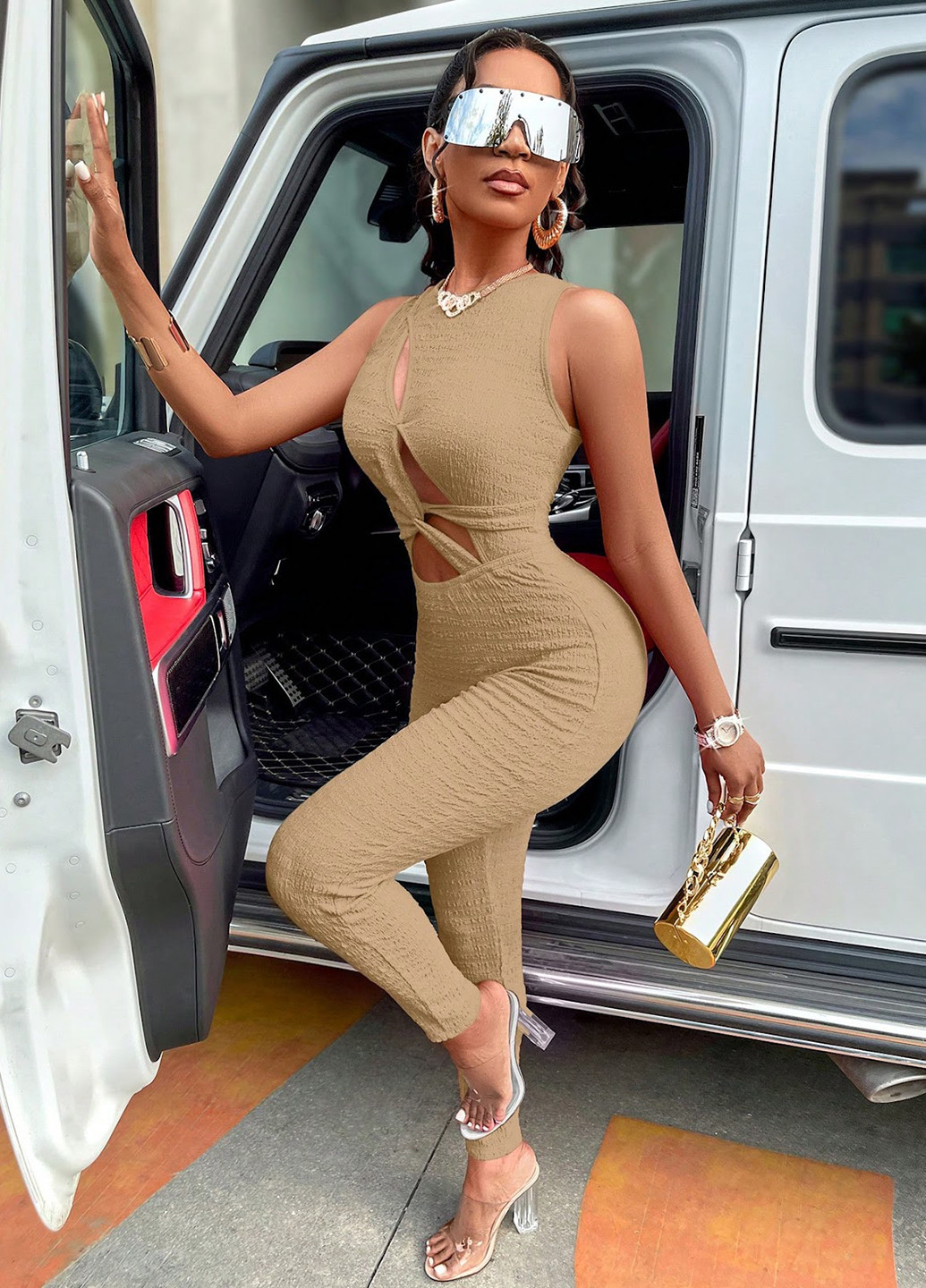 Комбинезон SHEIN комбинезон-брюки однотонный светло-бежевый кэжуал полиэстер