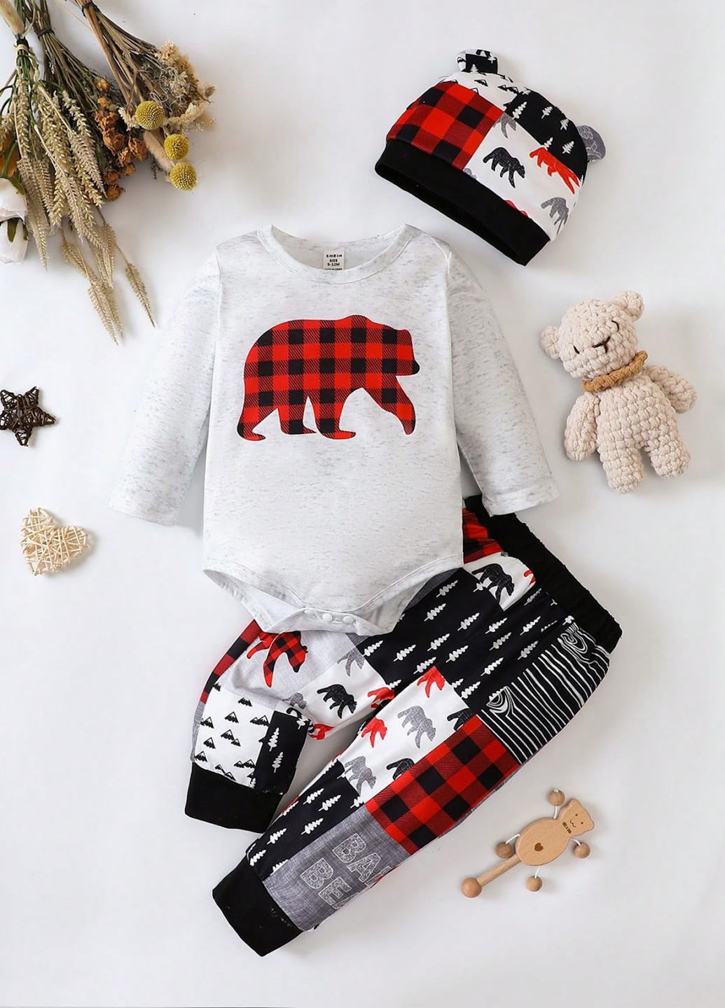 Комбінований демісезонний костюм (боді, штани, шапка) брючний SHEIN