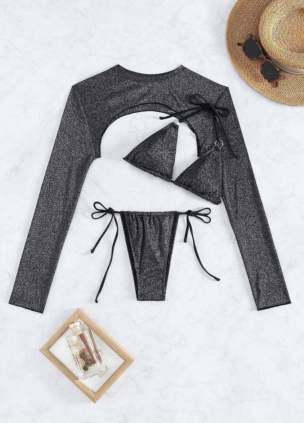 Черный летний купальник (лиф, трусики, топ) бикини, раздельный SHEIN