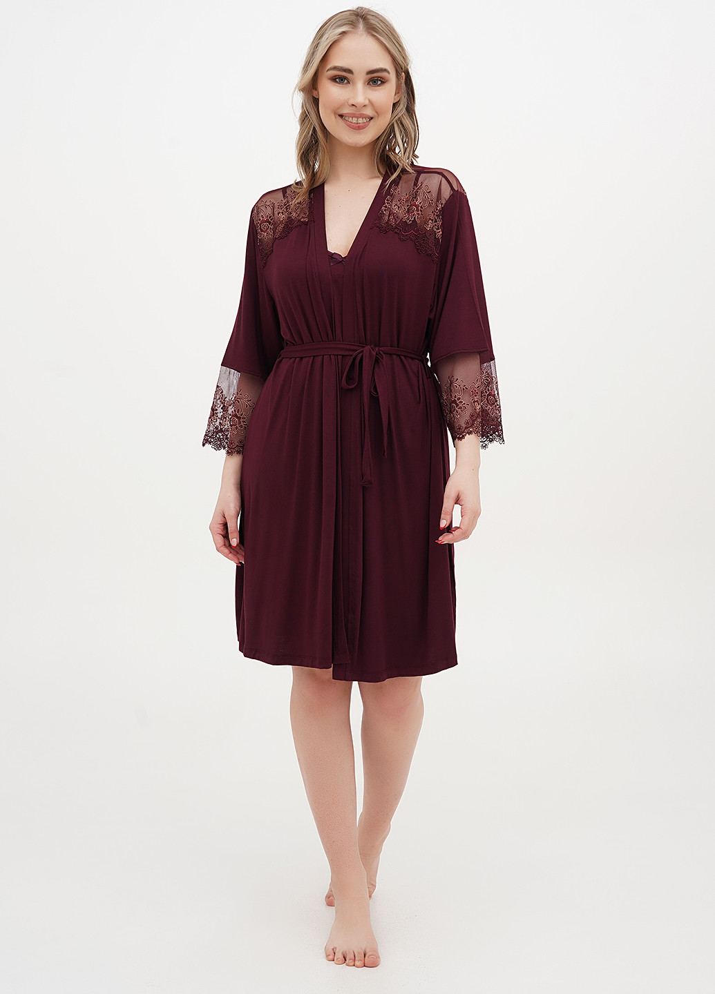 Бордовий демісезонний комплект (нічна сорочка, халат) Cotpark