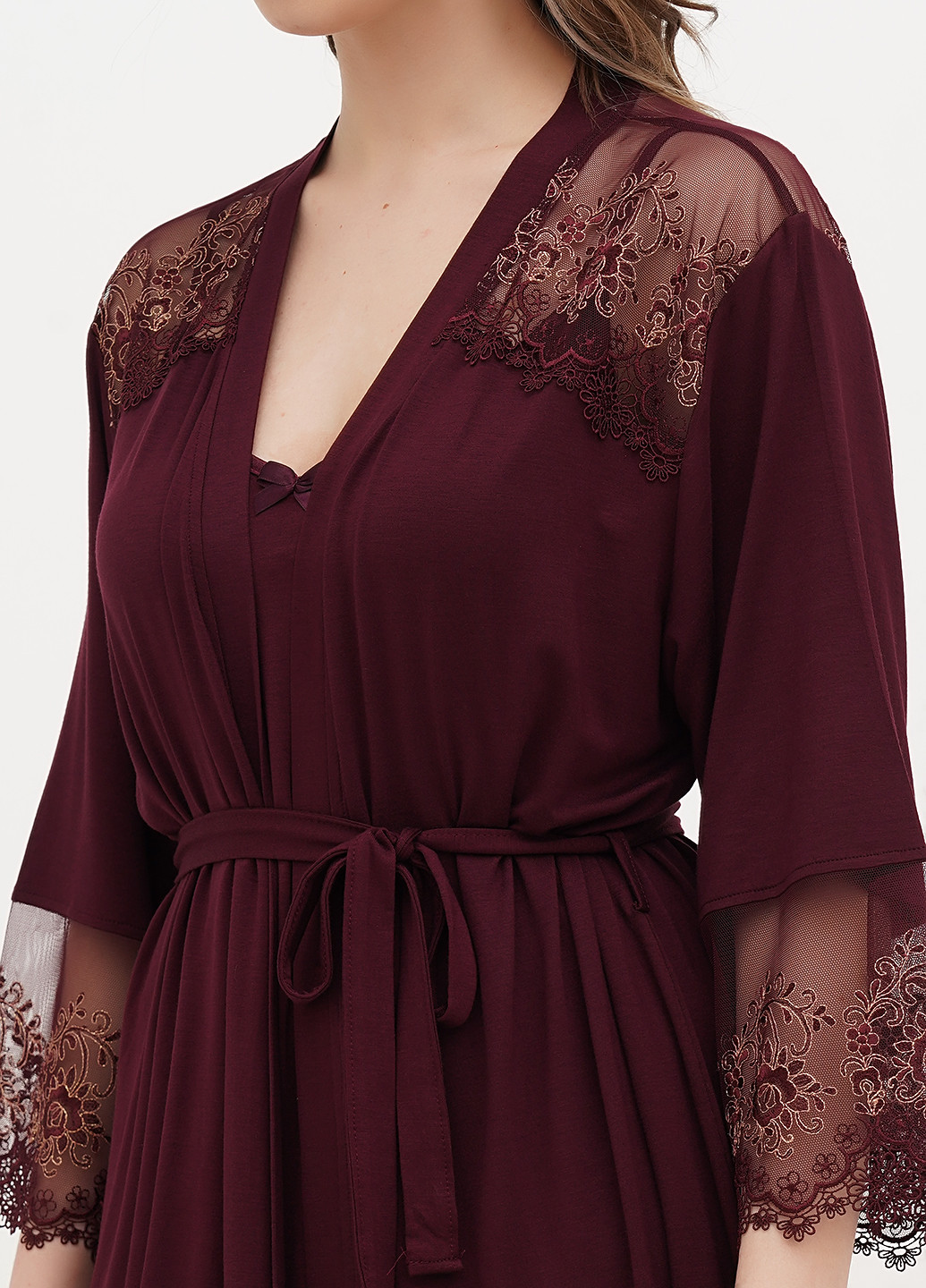 Бордовий демісезонний комплект (нічна сорочка, халат) Cotpark