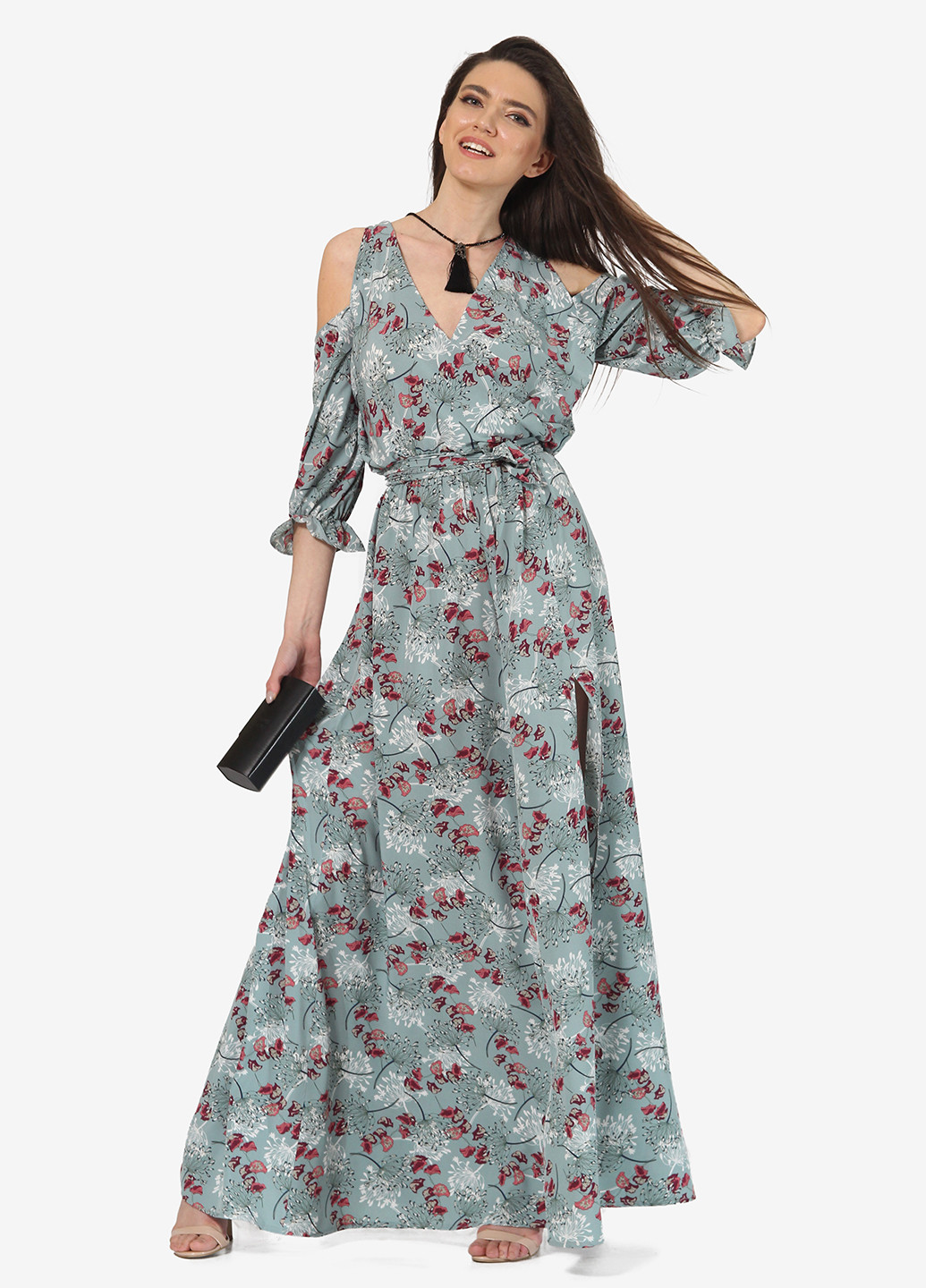Светло-бирюзовое кэжуал платье на запах Lila Kass с цветочным принтом