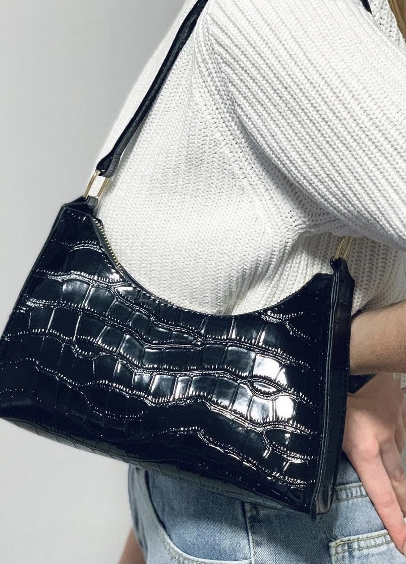 Женская маленькая сумочка через плечо багет на ремешке рептилия крокодиловая кожа черная NoName (251204150)