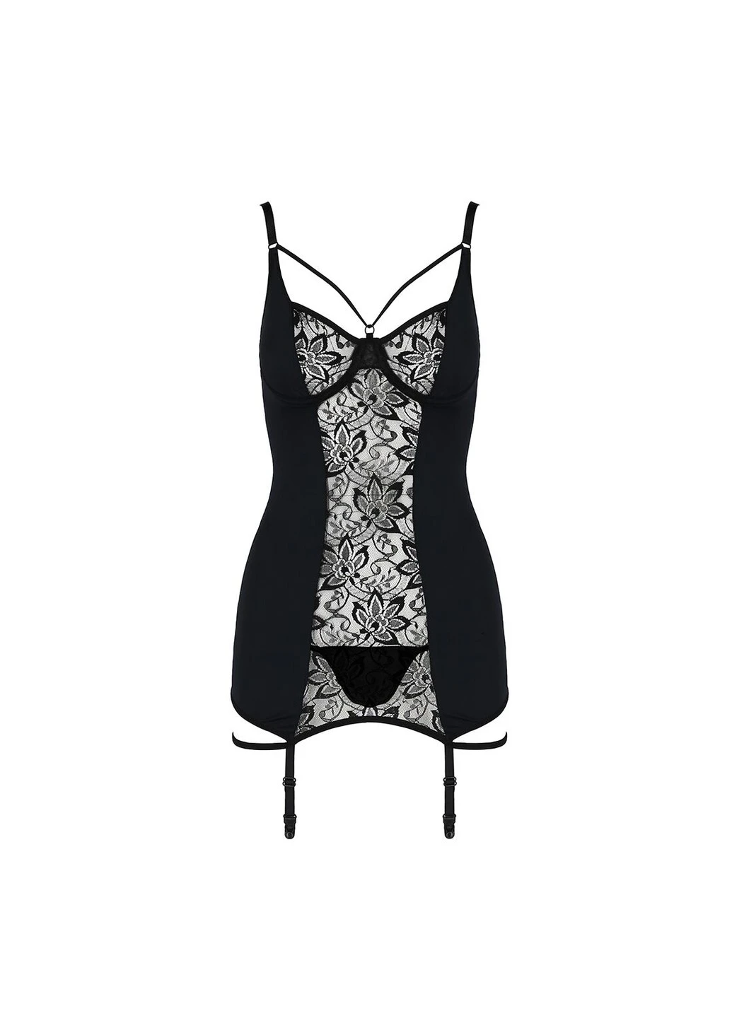 Сорочка приталена з пажами PAULINE CHEMISE black XXL/XXXL -, трусики Passion (255458361)