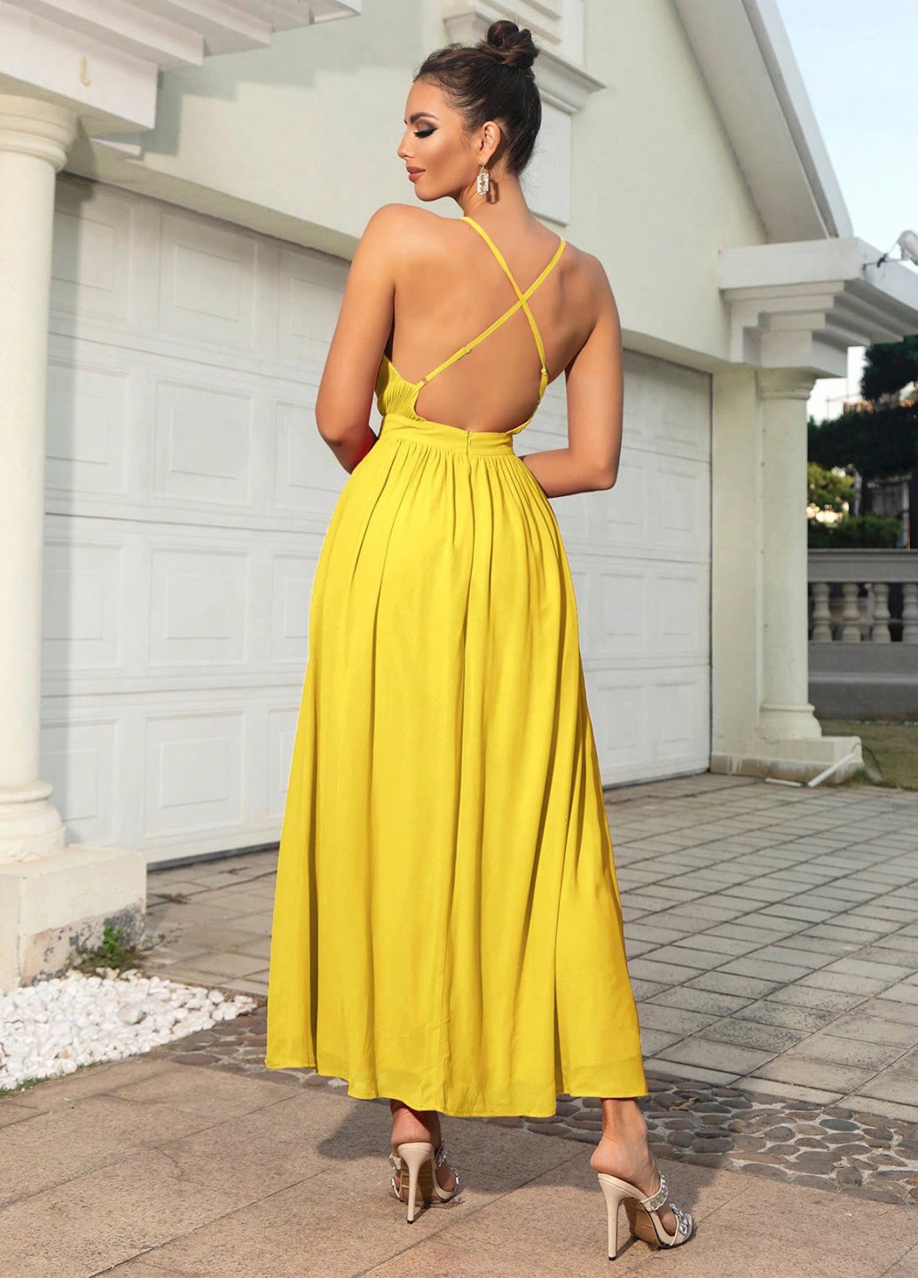 Жовтий кежуал, вечірня сукня з відкритою спиною SHEIN однотонна