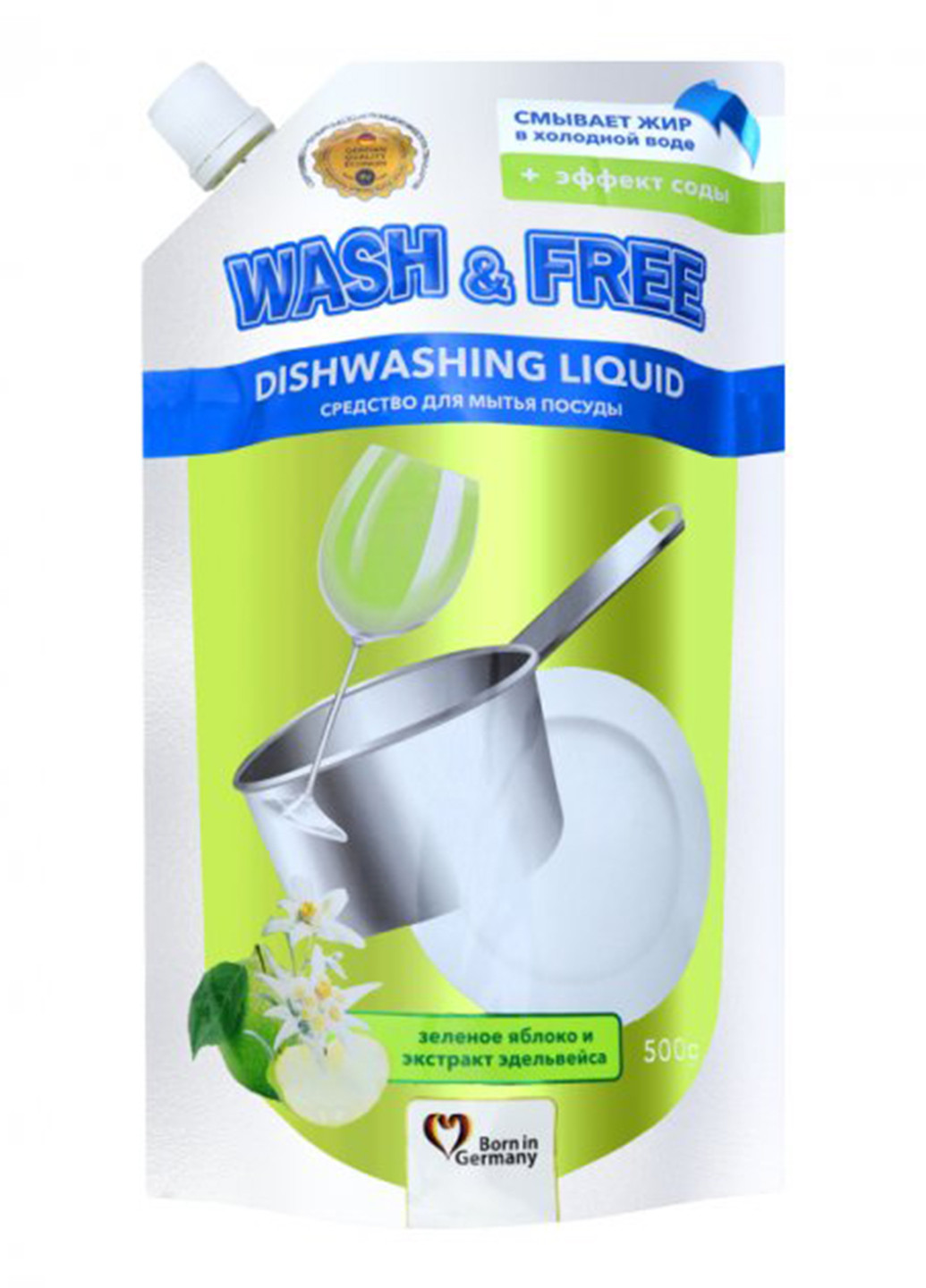 Средство для мытья посуды Зеленое яблоко и экстракт эдельвейса 500г WASH & FREE (254211782)