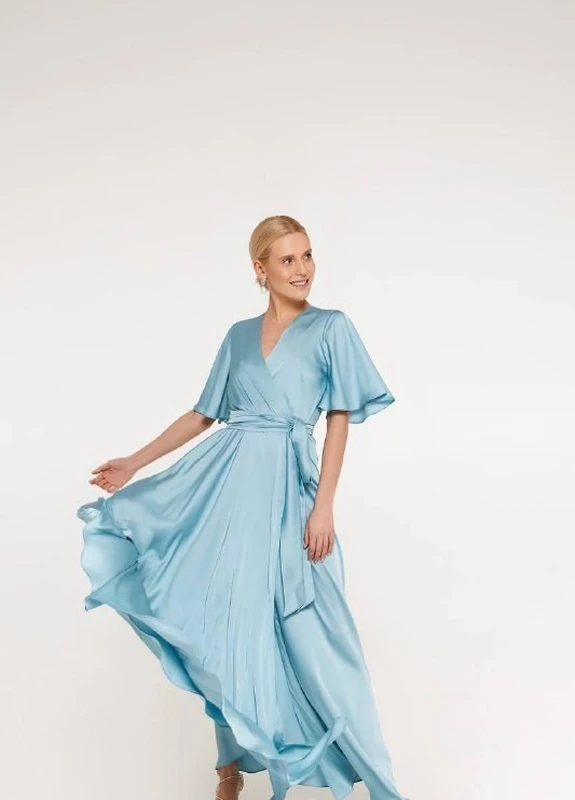 Голубое вечернее платье на запах, с юбкой-солнце, а-силуэт FashionYouWant однотонное