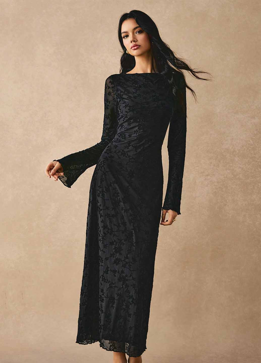 Черное вечернее платье силуэтная SHEIN с цветочным принтом