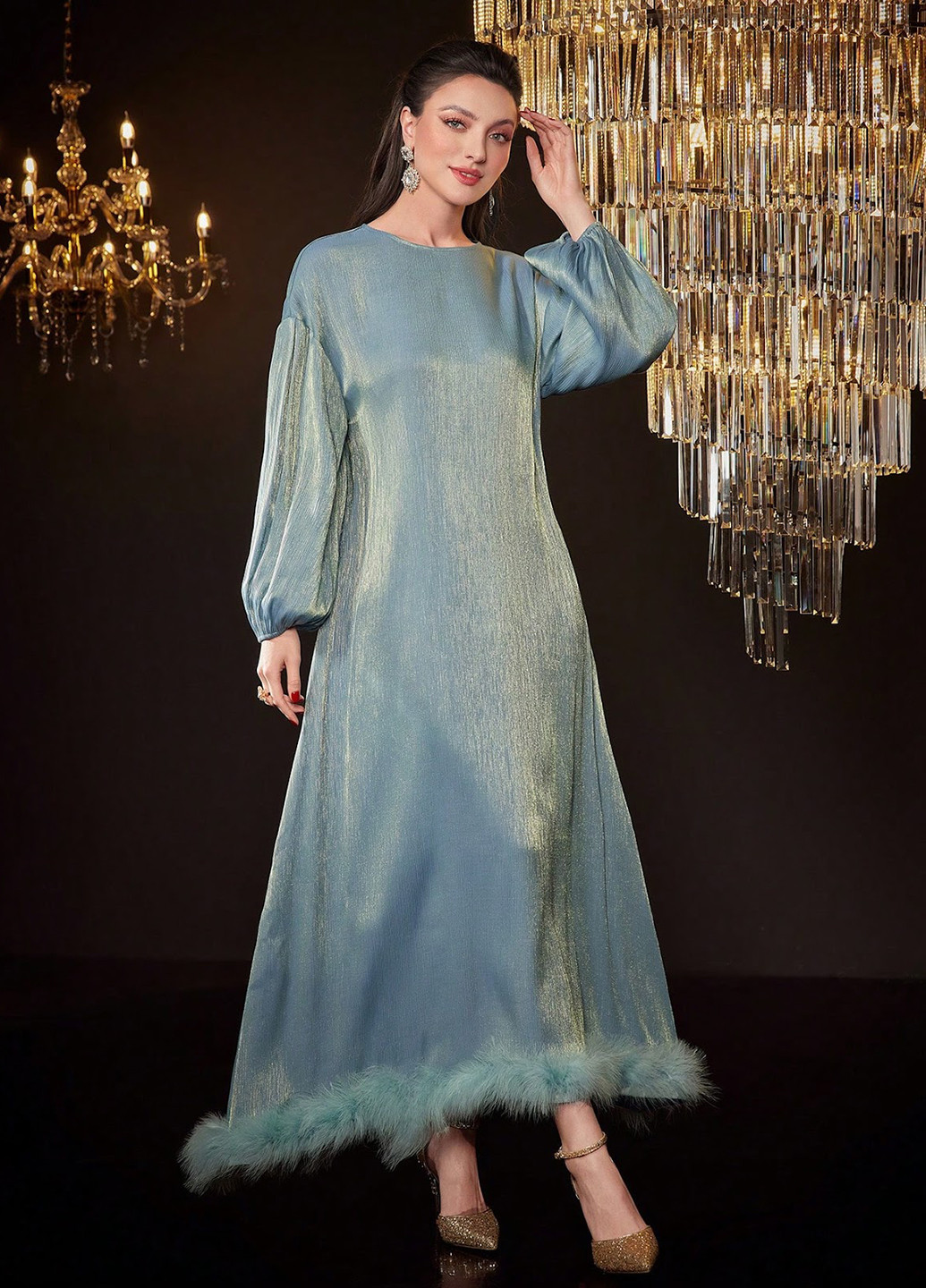 Серо-голубое вечернее платье а-силуэт SHEIN однотонное
