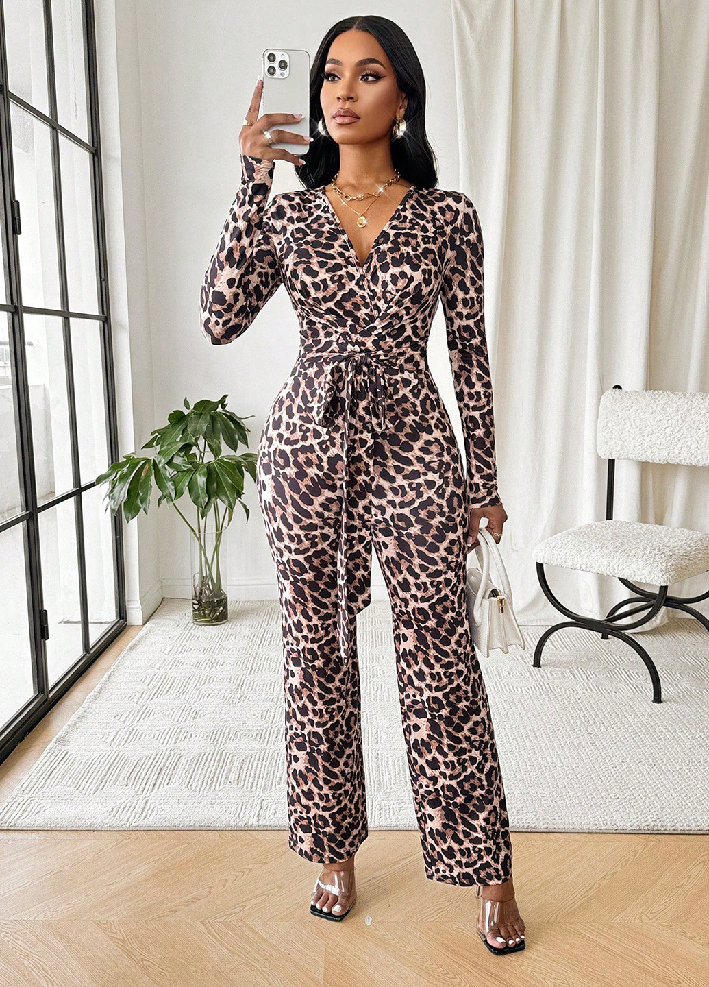 Комбинезон SHEIN комбинезон-брюки леопардовый комбинированный кэжуал полиэстер