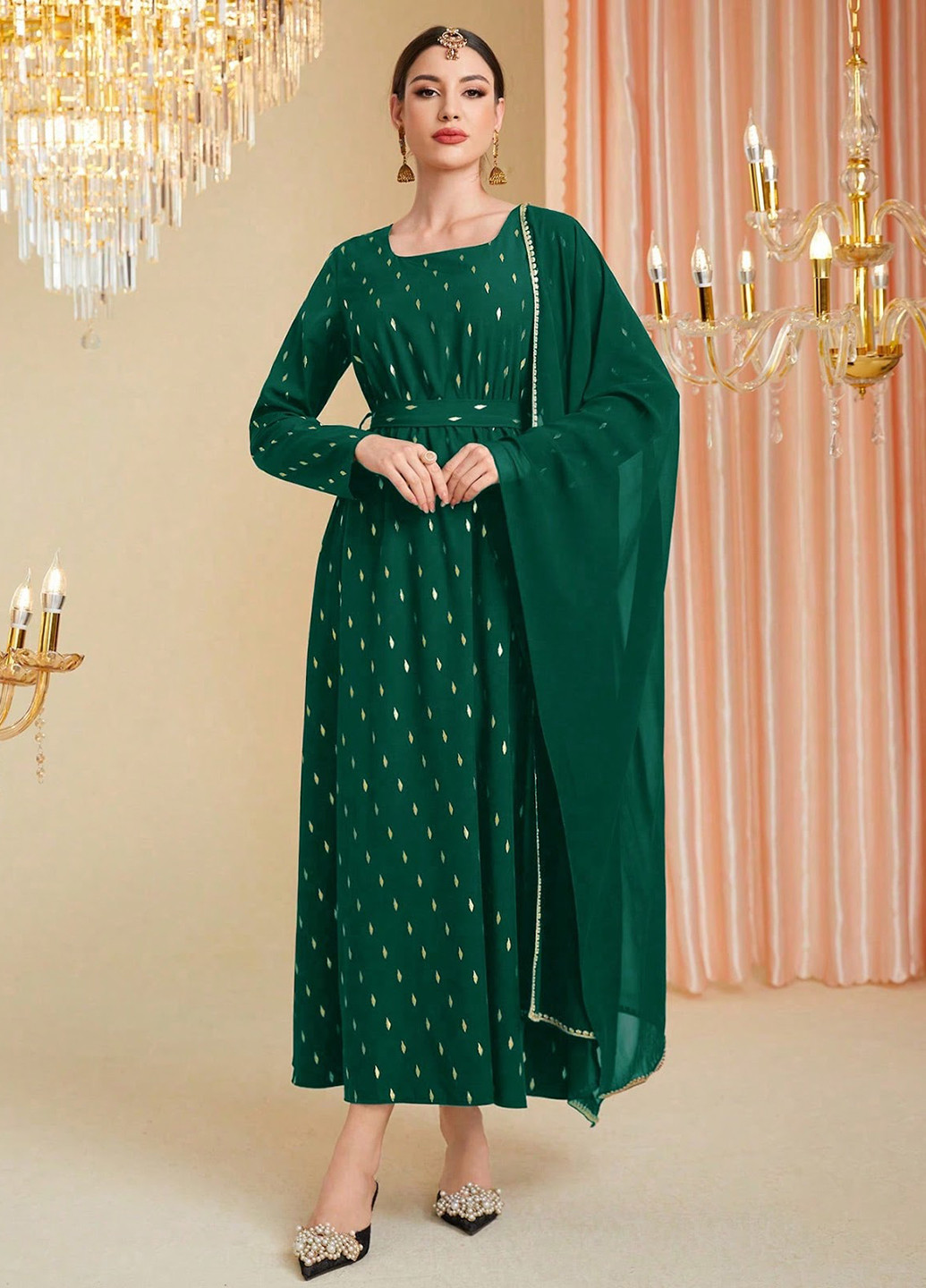 Зеленое праздничный, вечернее платье SHEIN с абстрактным узором