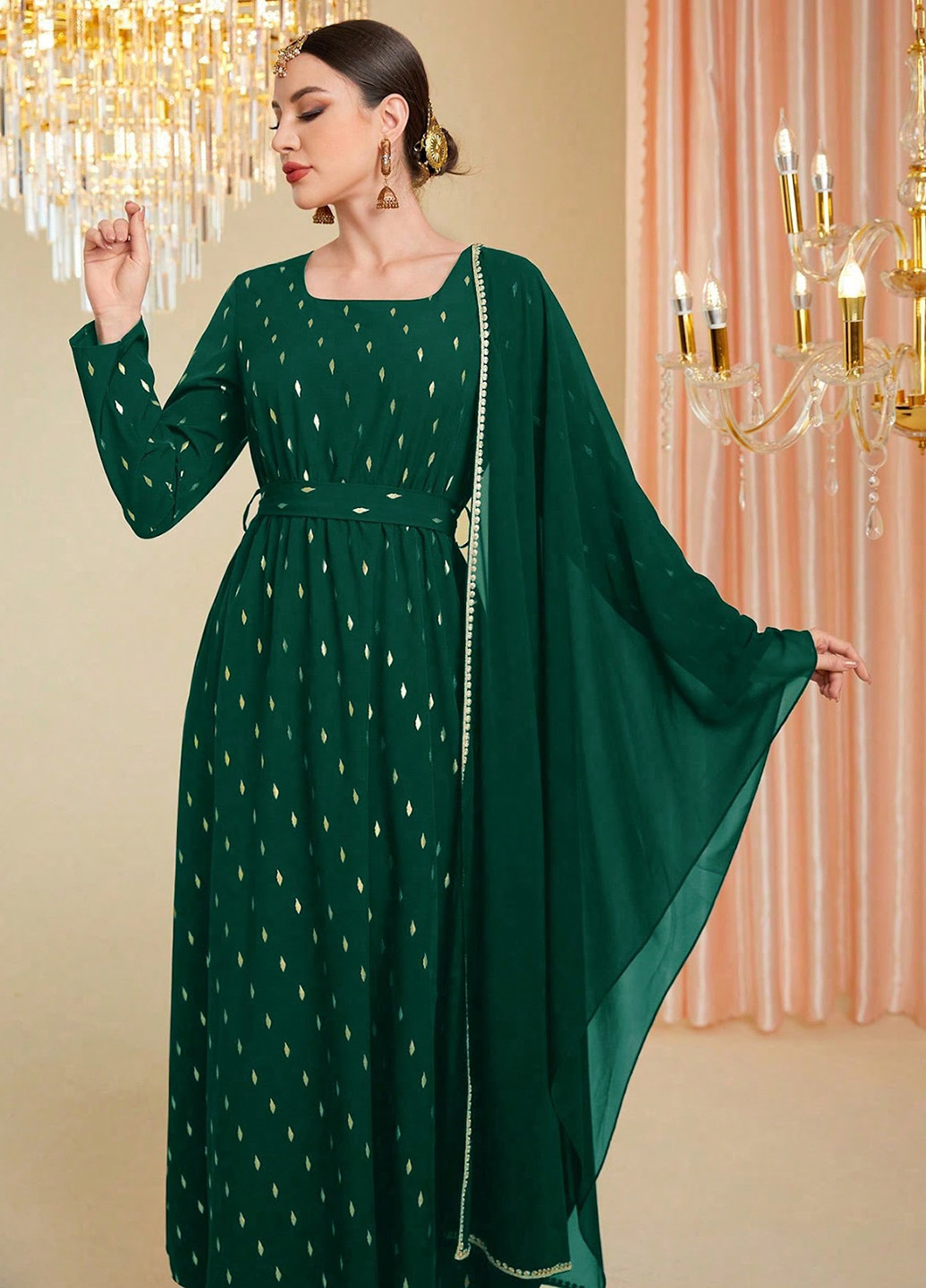 Зеленое праздничный, вечернее платье SHEIN с абстрактным узором