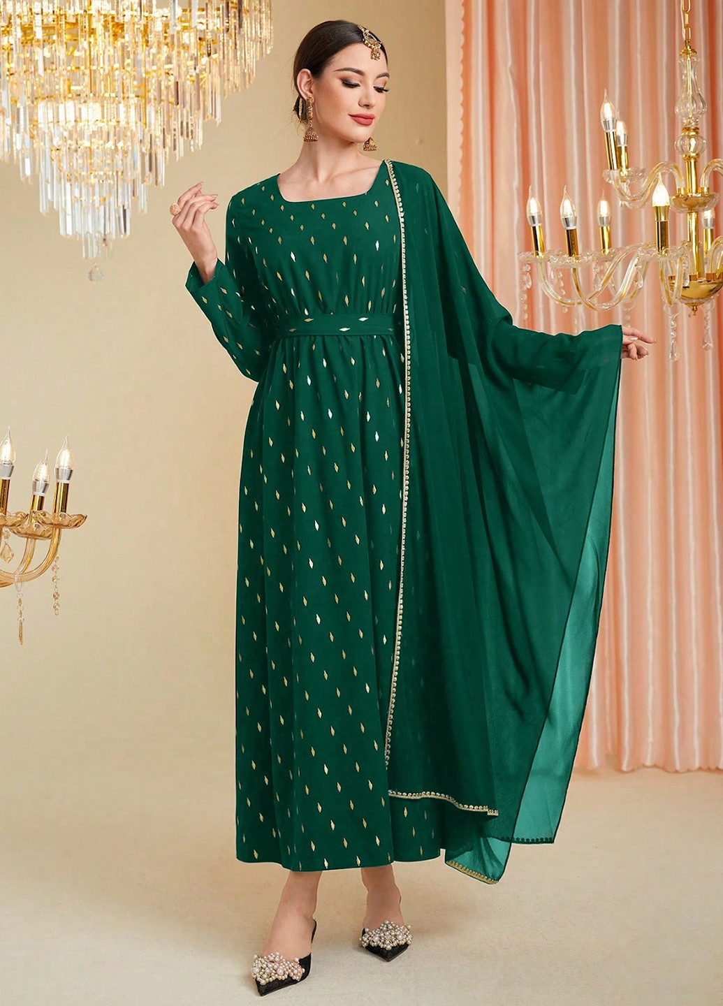 Зеленое праздничный, вечернее платье SHEIN с абстрактным узором