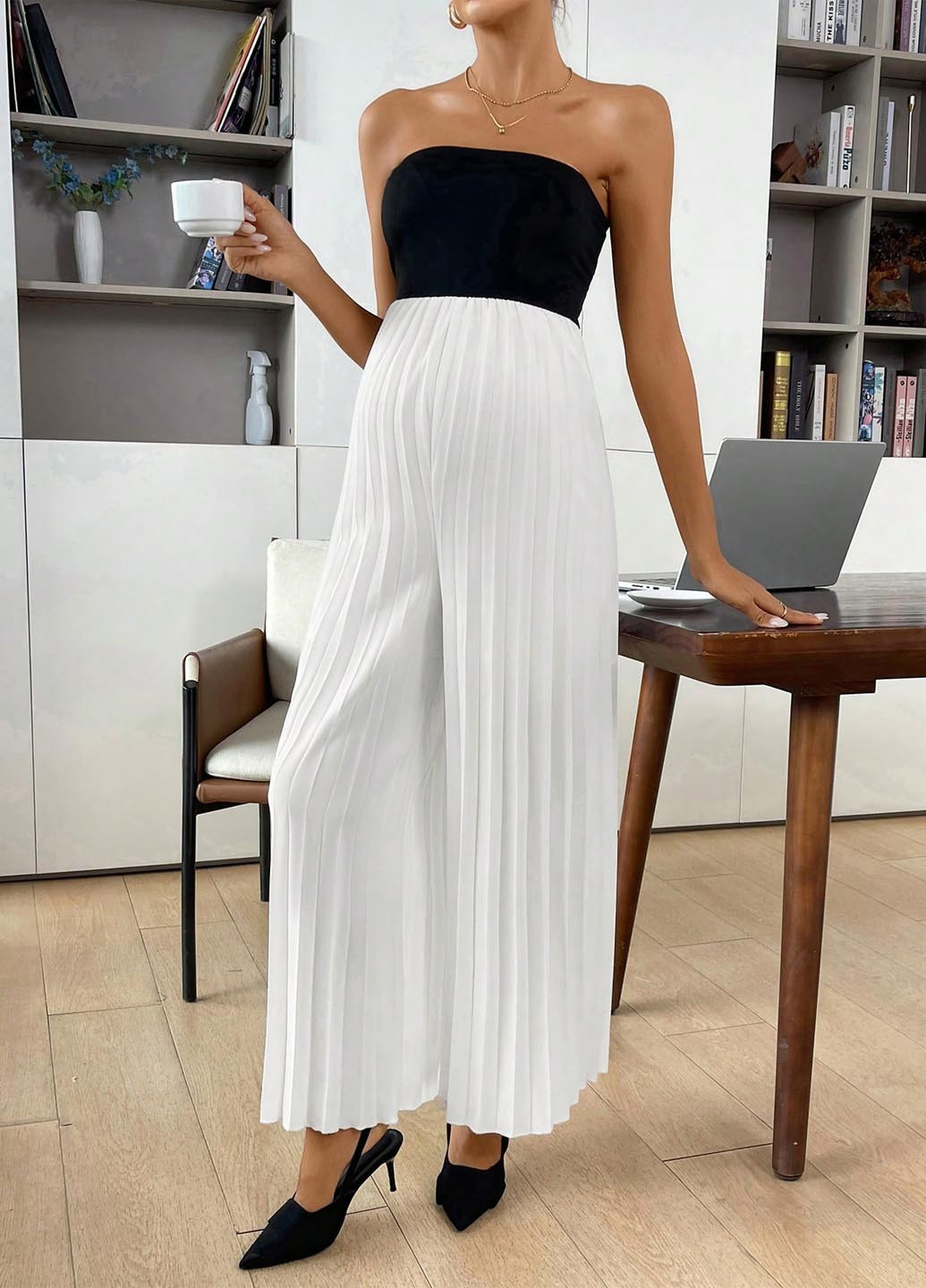 Комбинезон для беременных SHEIN комбинезон-брюки колор блок чёрно-белого праздничный, вечерний, кэжуал полиэстер