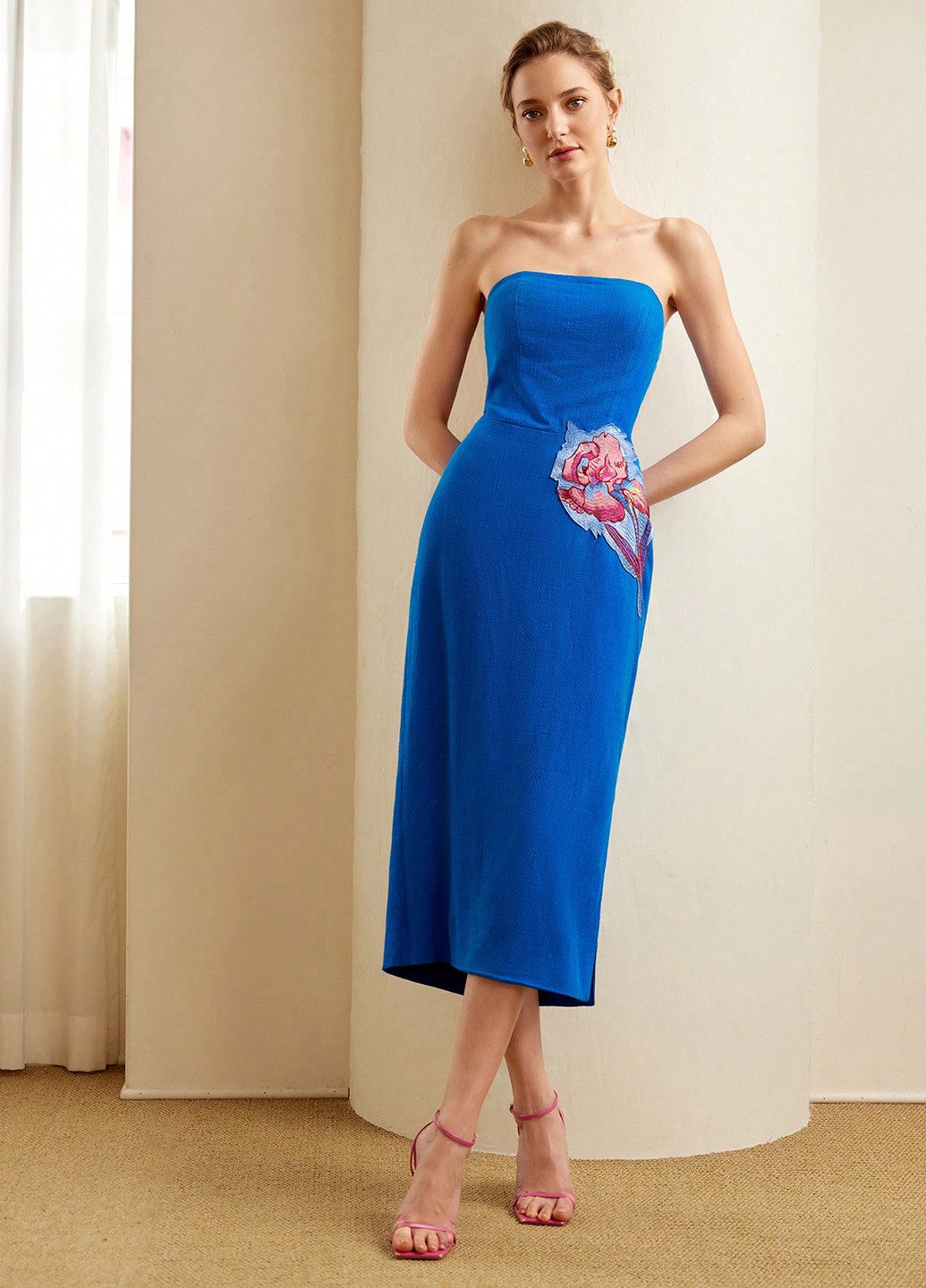 Синее кэжуал, коктейльное платье бандо SHEIN однотонное