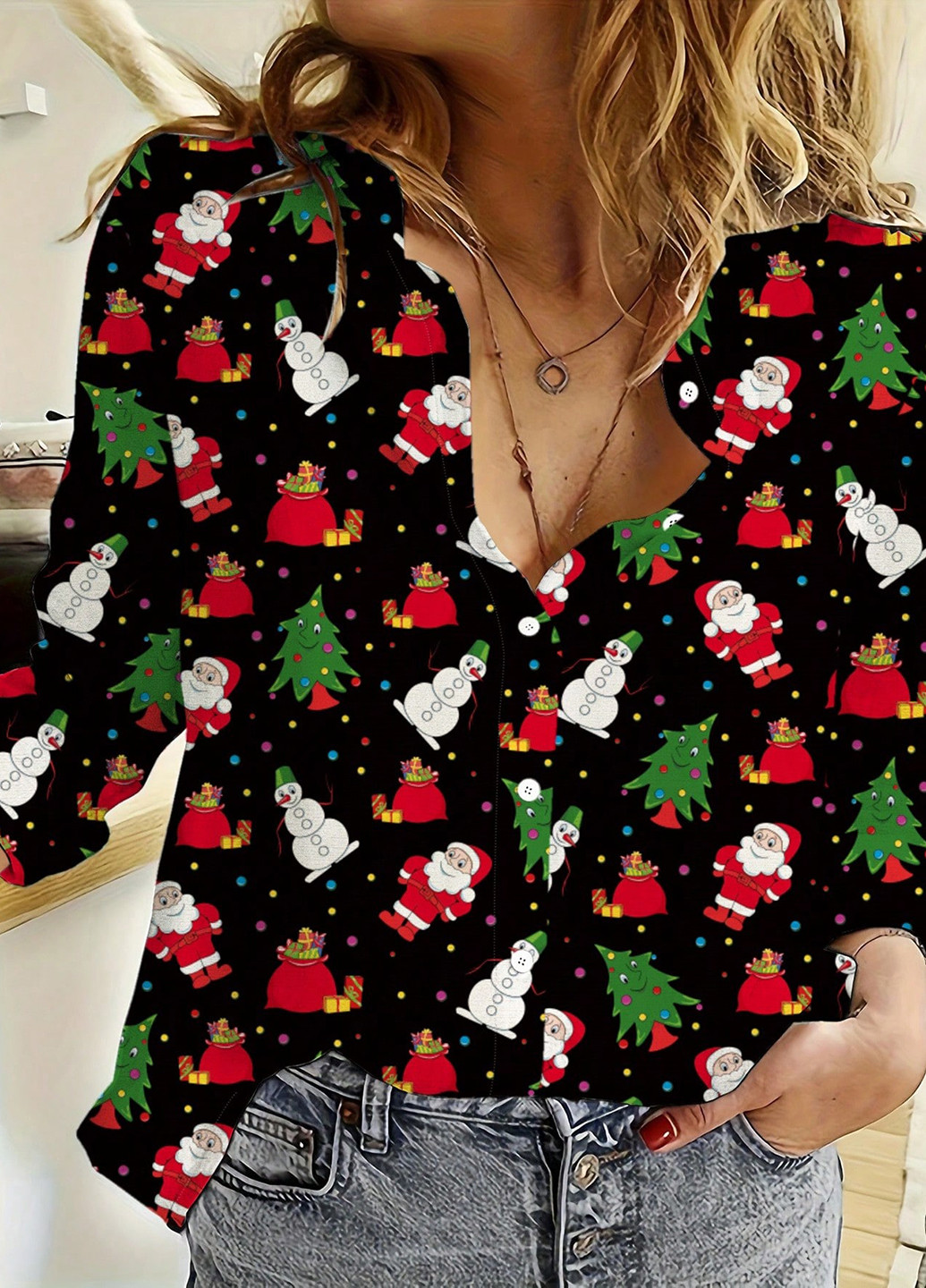 Черная праздничный рубашка новогодний SHEIN с длинным рукавом