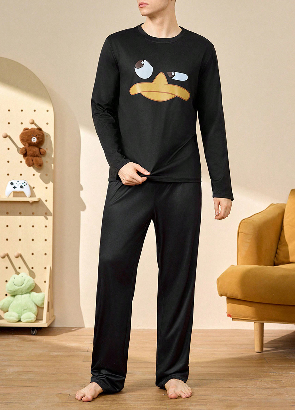 Лонгслів SHEIN малюнок чорний домашні поліестер, трикотаж