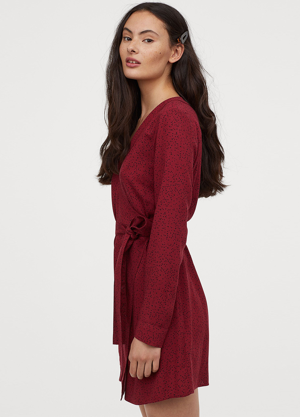 Бордовое кэжуал платье на запах H&M в горошек