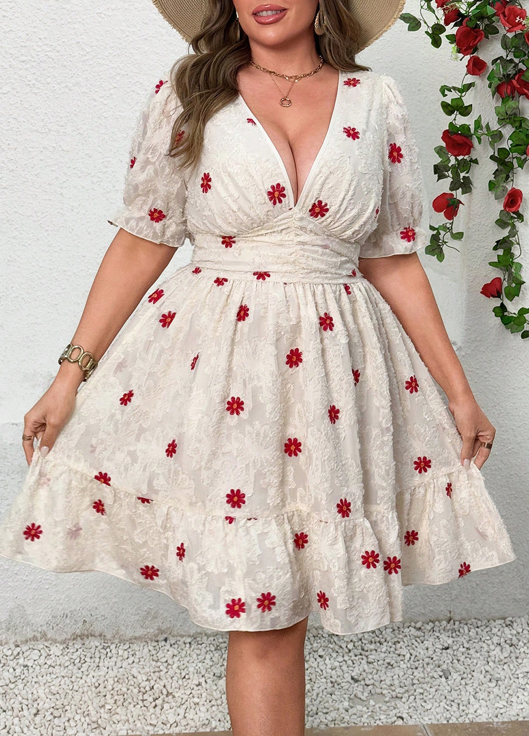 Кремова святковий, кежуал сукня кльош SHEIN з квітковим принтом